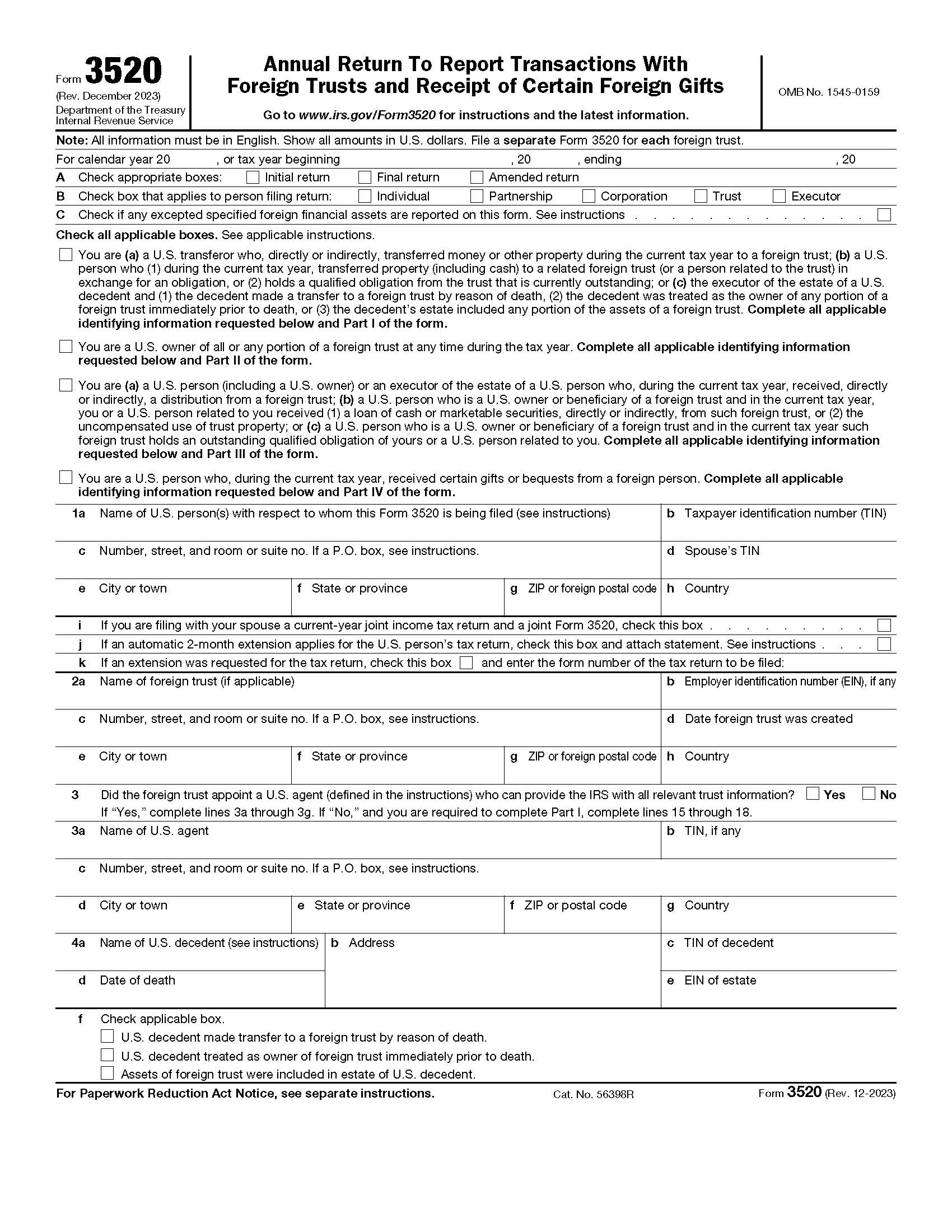 Form 3520 Annual Return To Report Transactions With Foreign Trusts And Receipt {3520} | Pdf Fpdf Docx | Official Federal Forms
