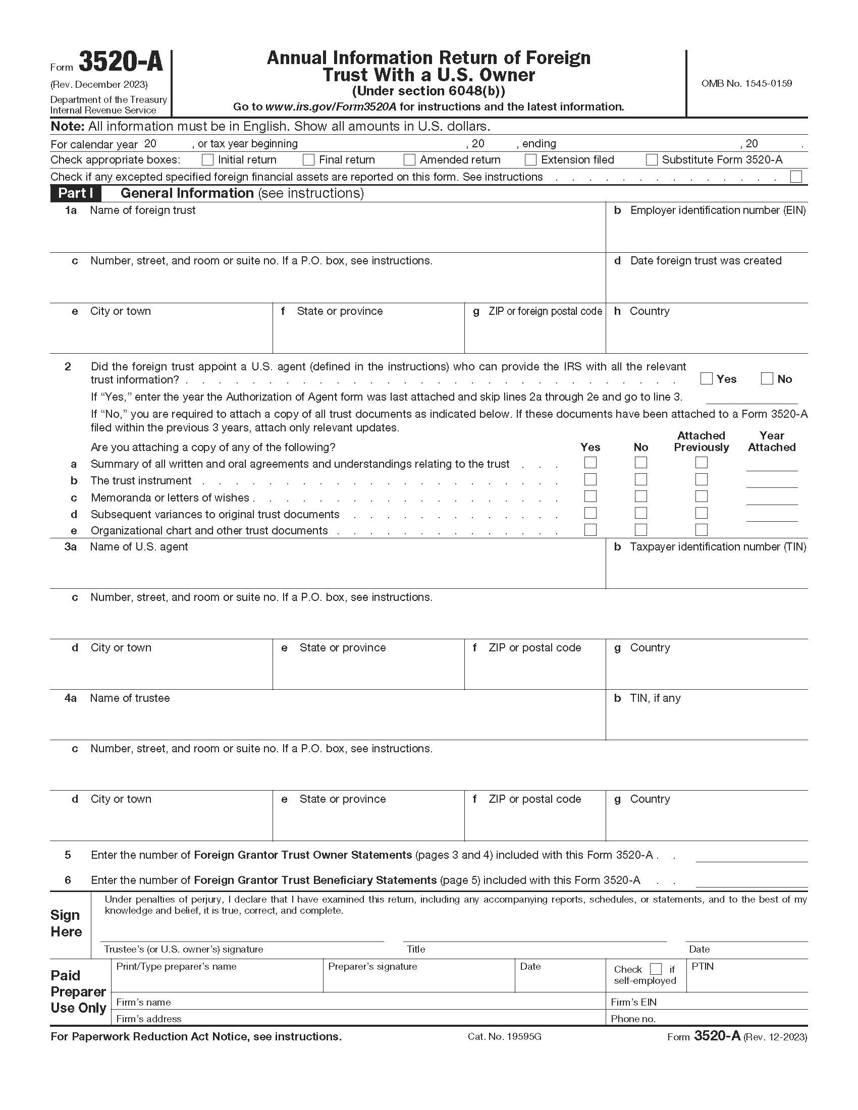 Form 3520-A Annual Information Return Of Foreign Trust With A US Owner {3520-A} | Pdf Fpdf Docx | Official Federal Forms