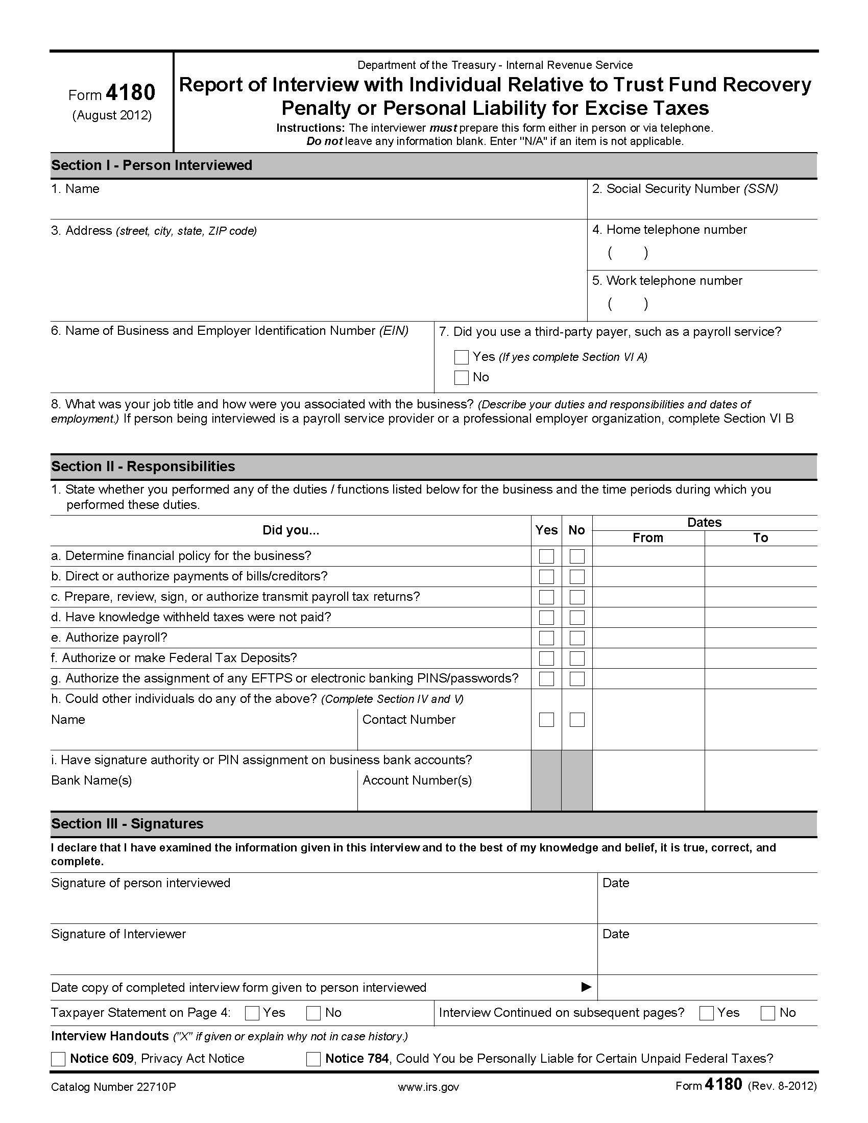Form 4180 Report Of Interview With Individual Relative To Trust Fund Recovery {4180} | Pdf Fpdf Docx | Official Federal Forms