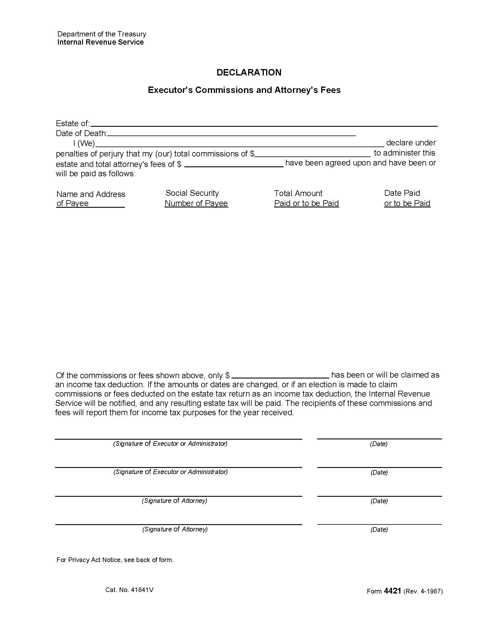 Form 4421 Declaration Executors Commissioners And Attorneys Fees {4421} | Pdf Fpdf Doc Docx | Official Federal Forms