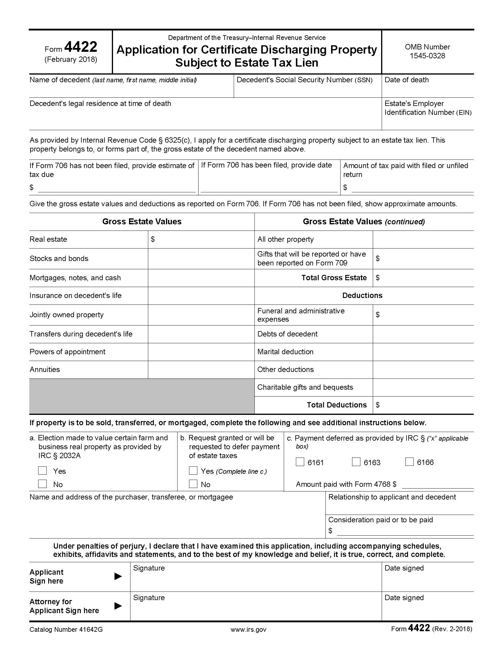 Form 4422 Application For Certificate Discharging Property Subject To Estate Tax Lien {4422} | Pdf Fpdf Docx | Official Federal Forms
