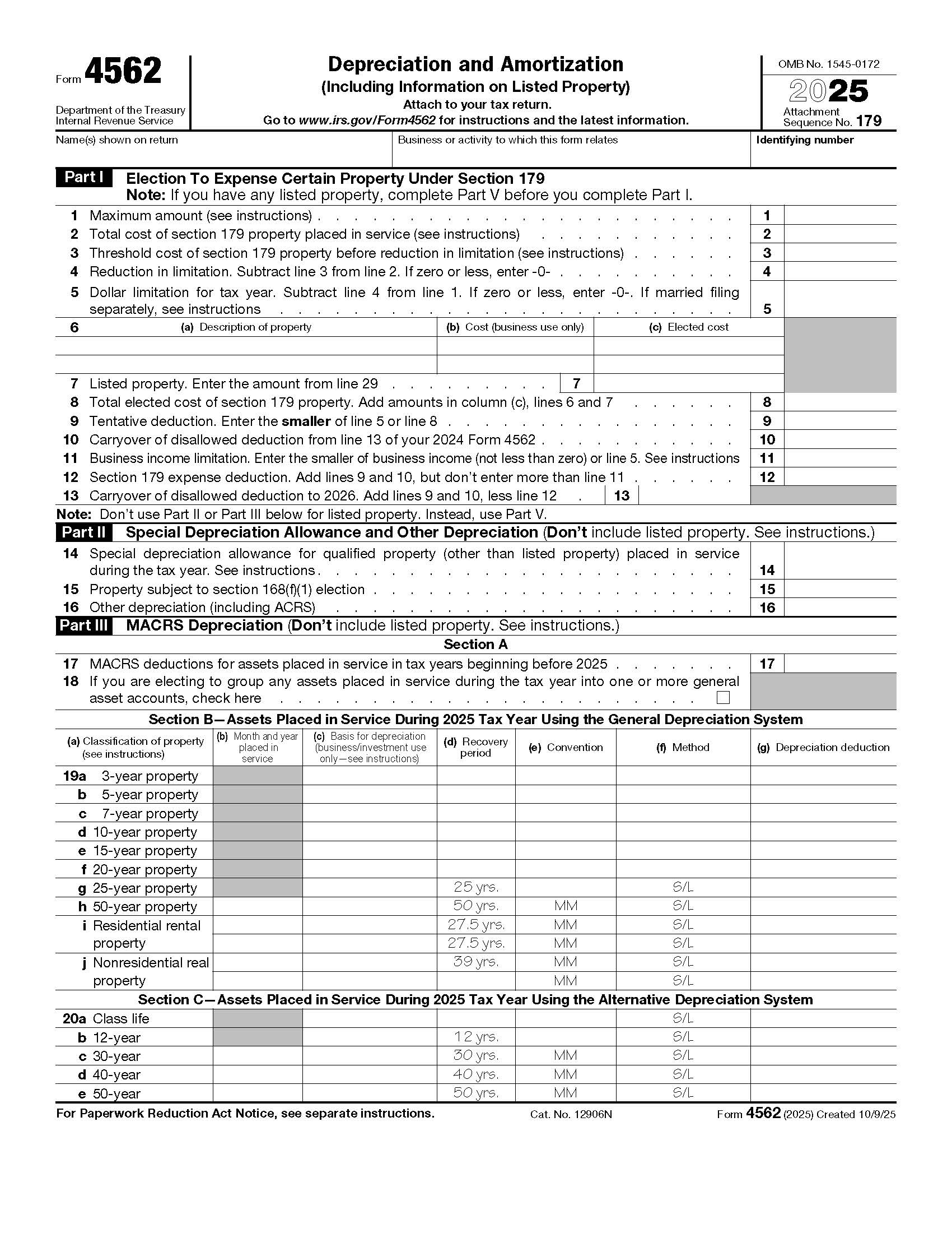 Form 4562 Depreciation And Amortization {4562} | Pdf Fpdf Docx | Official Federal Forms