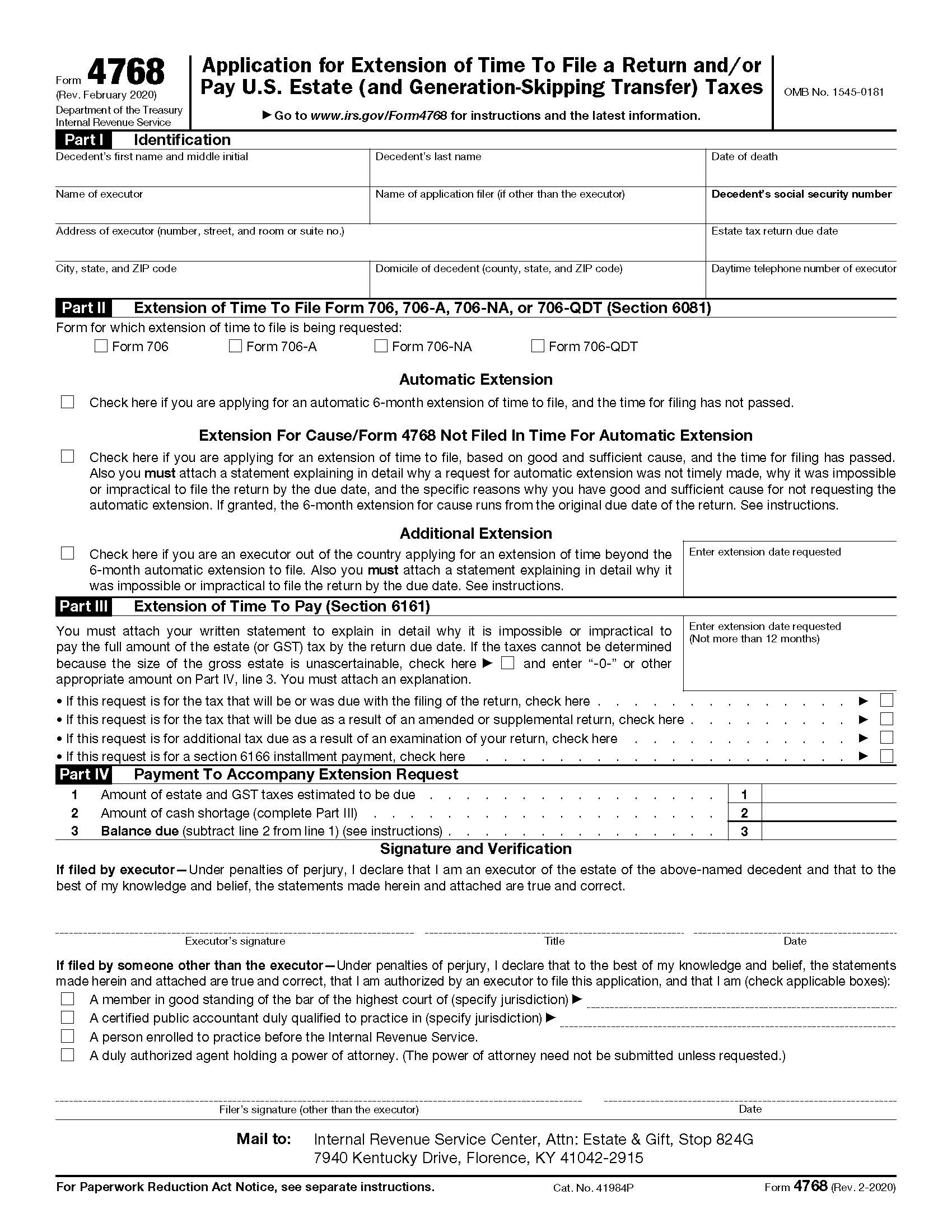 Form 4768 Application For Extension To File A Return-Estate-Taxes {4768} | Pdf Fpdf Doc Docx | Official Federal Forms