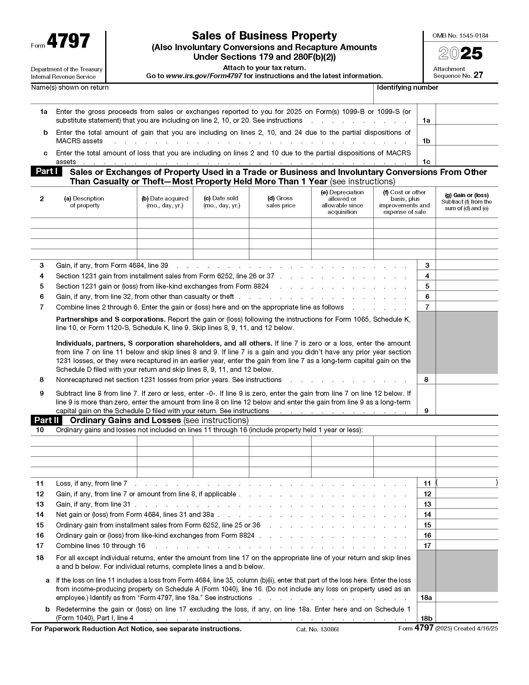 Form 4797 Sales Of Business Property {4797} | Pdf Fpdf Docx | Official Federal Forms