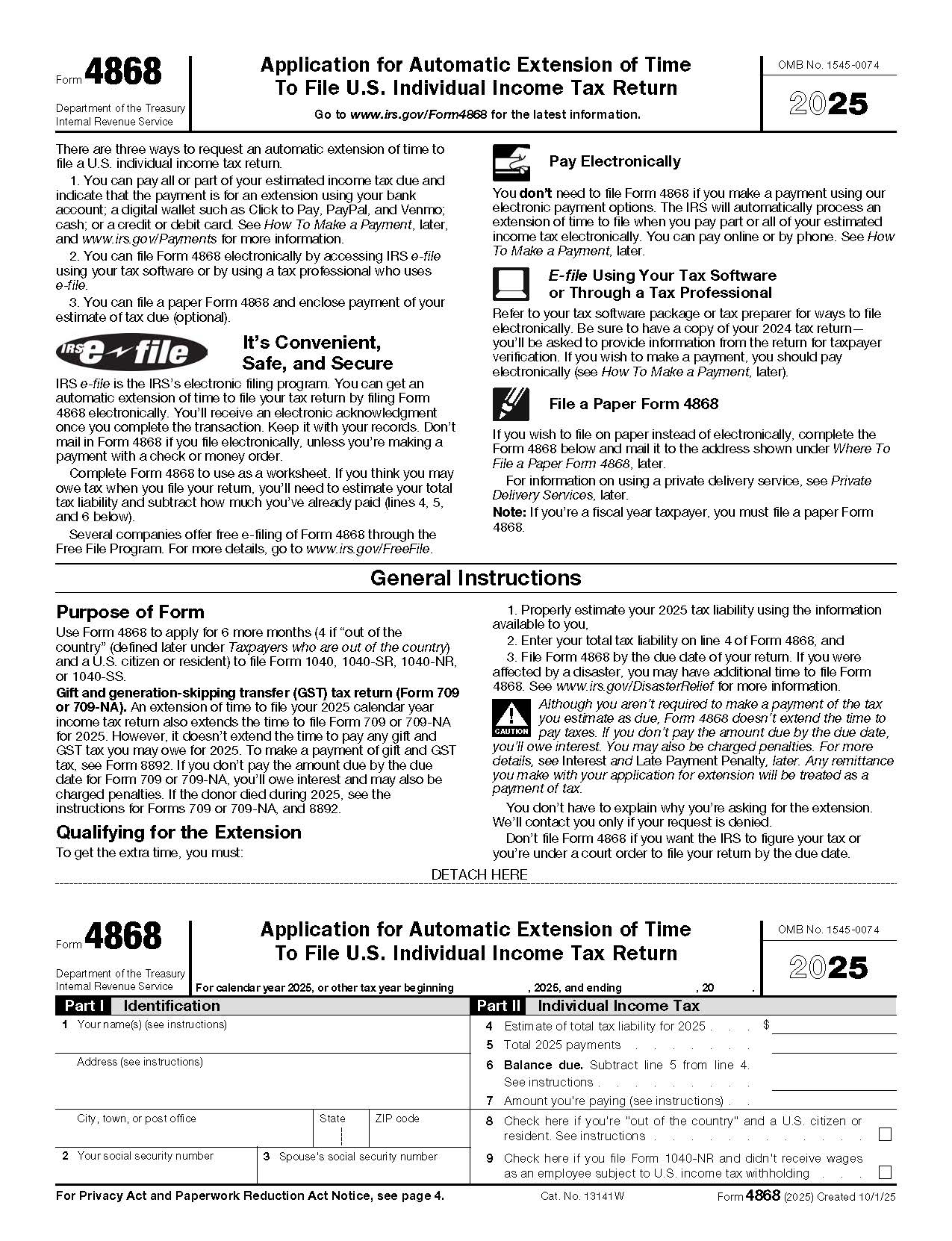 Form 4868 Application For Automatic Extension Of Time To File {4868} | Pdf Fpdf Docx | Official Federal Forms