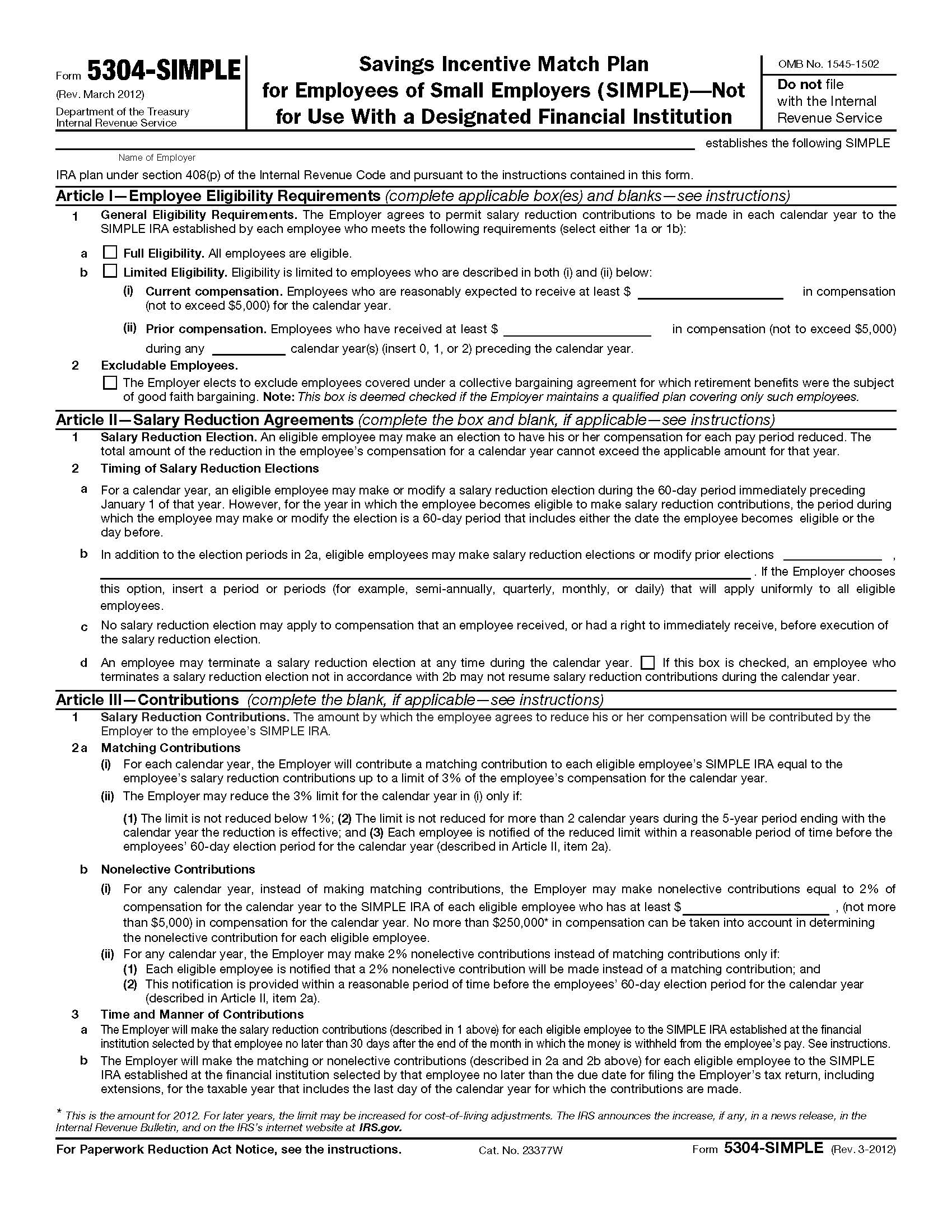 Form 5304-SIMPLE Savings Incentive Match Plan For Employees Of Small Employers (SIMPLE) {5304-SIMPLE} | Pdf Fpdf Doc Docx | Official Federal Forms