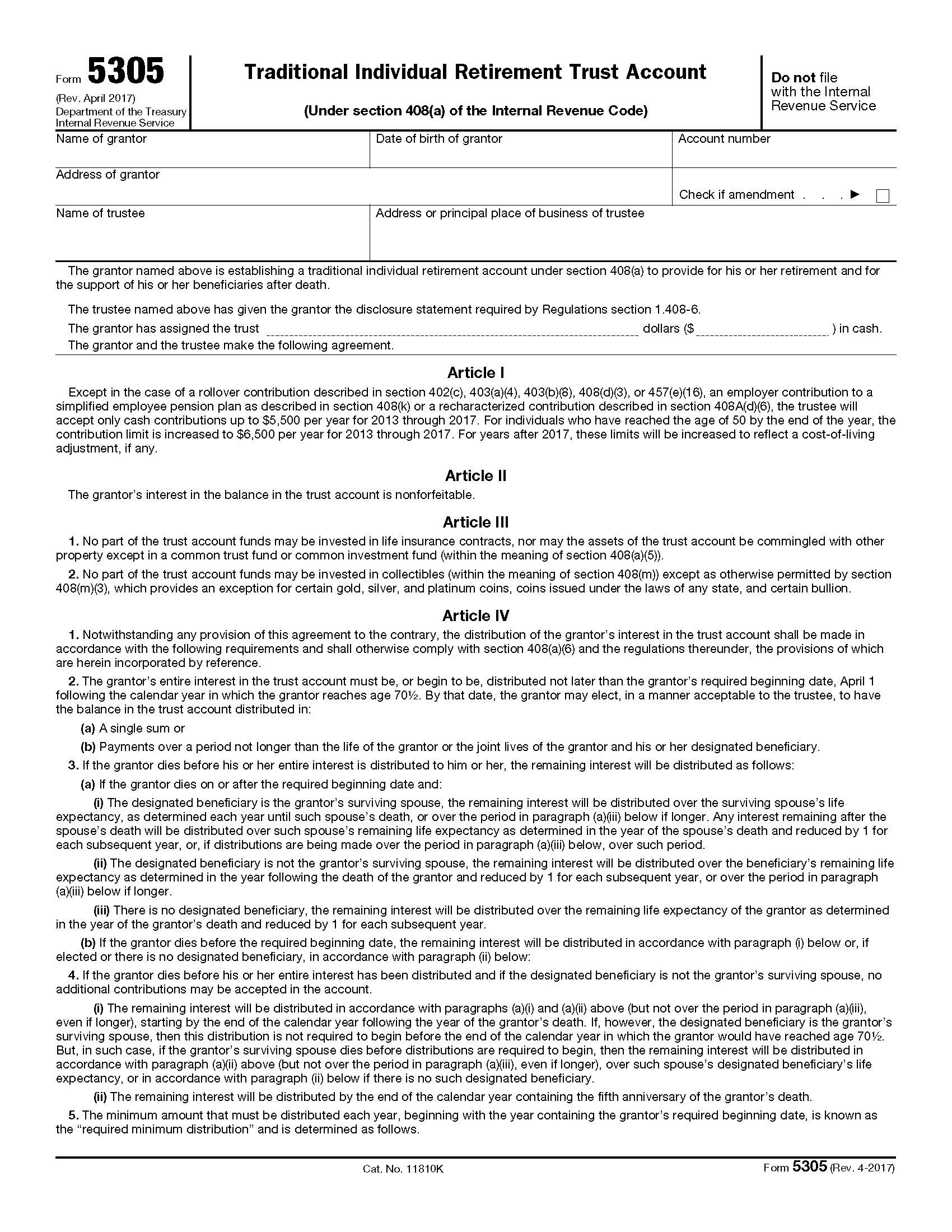 Form 5305 Traditional Individual Retirement Trust Account {5305} | Pdf Fpdf Doc Docx | Official Federal Forms