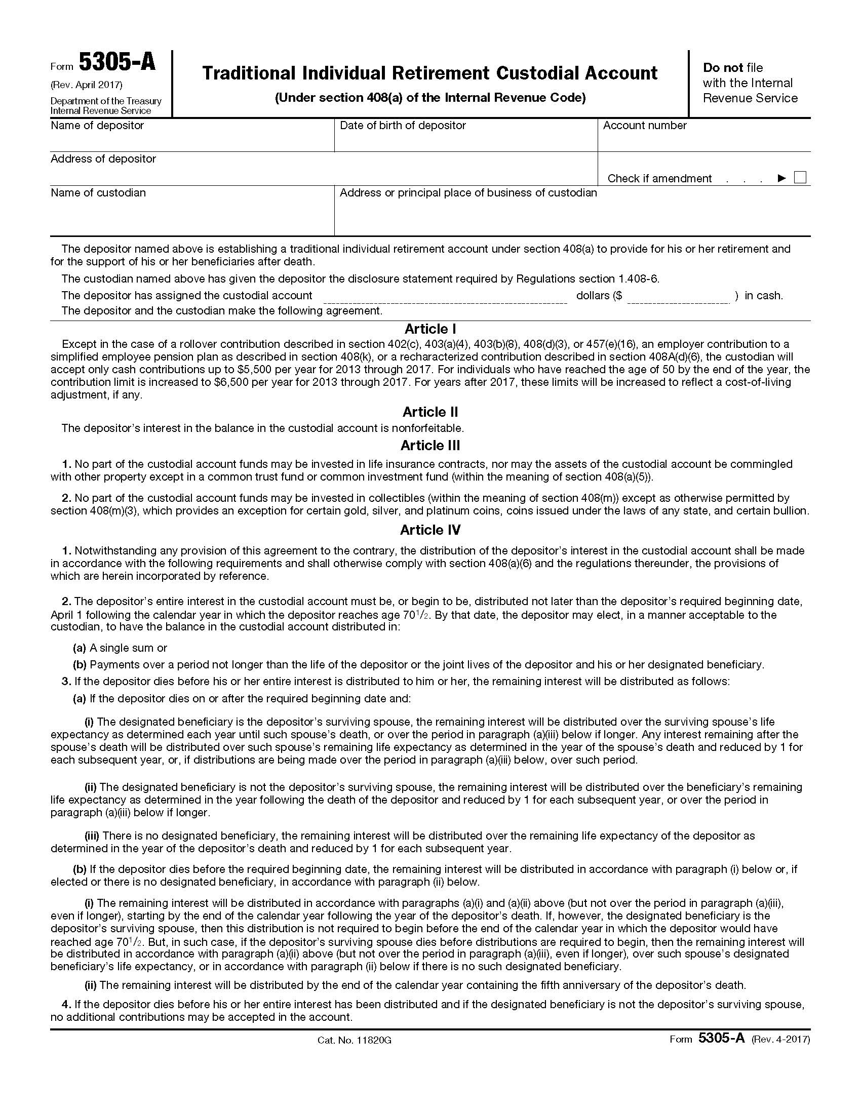 Form 5305-A Tranditional Individual Retirement Custodial Account {5305-A} | Pdf Fpdf Doc Docx | Official Federal Forms