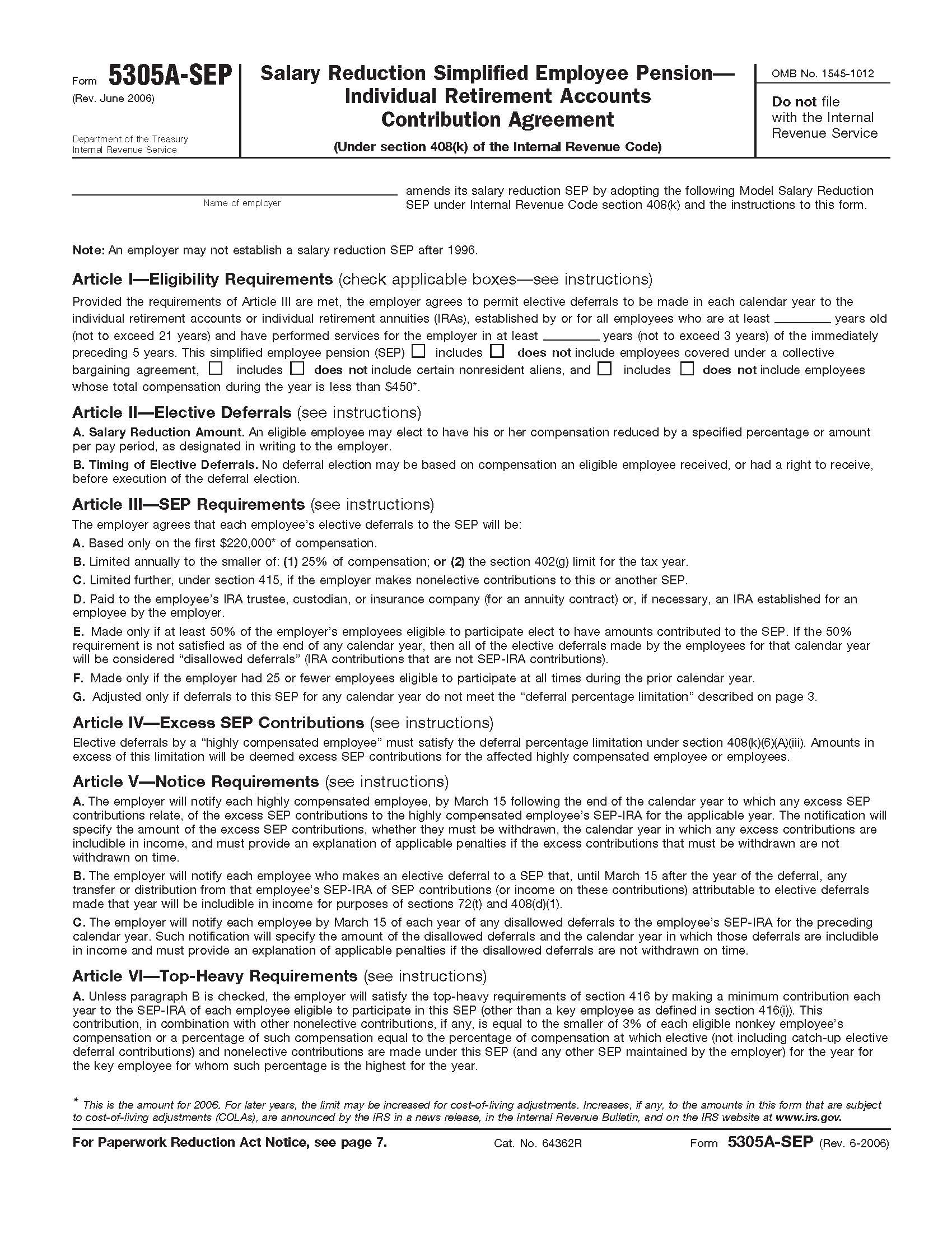 Form 5305-A-SEP Salary Reduction And Other Elective Simplified Employee Pension {5305-A-SEP} | Pdf Fpdf Doc Docx | Official Federal Forms
