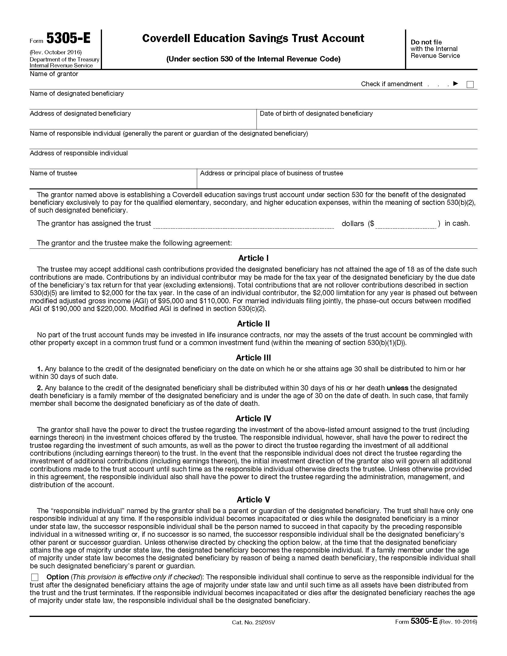 Form 5305-E Education Individual Retirement Trust Account {5305-E} | Pdf Fpdf Doc Docx | Official Federal Forms