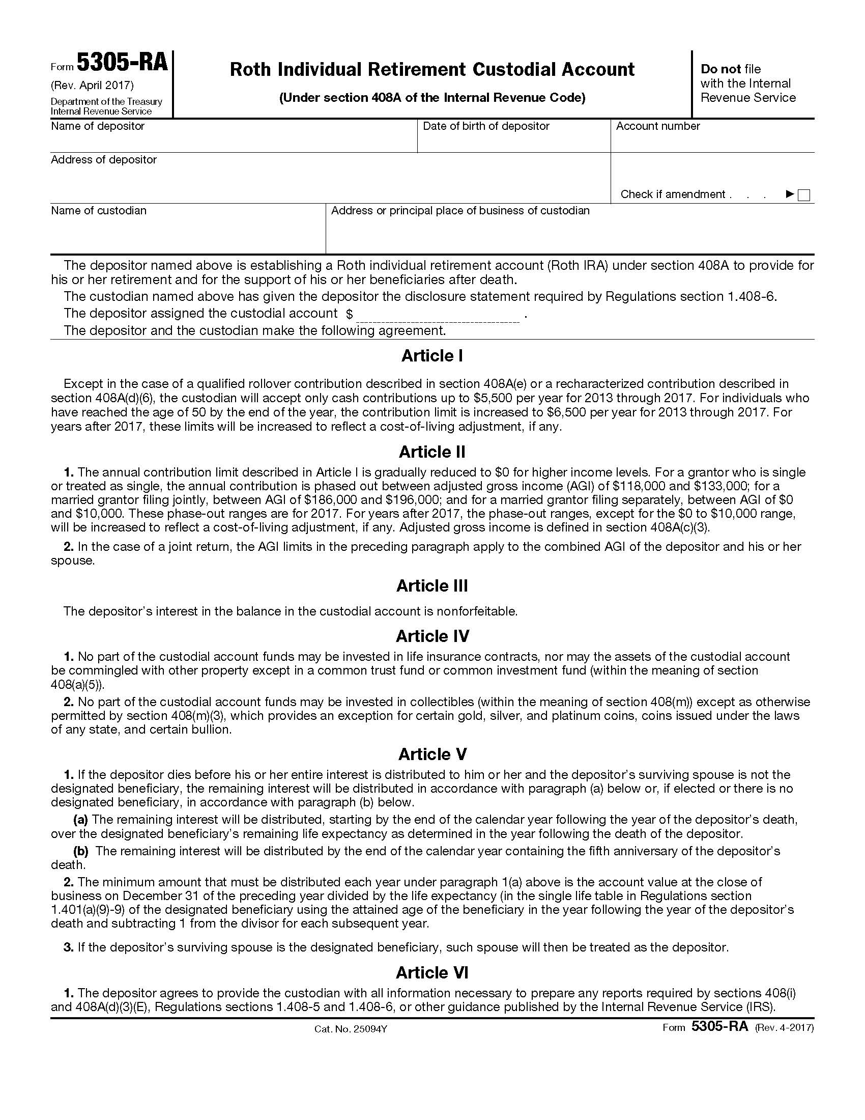 Form 5305-RA Roth Individual Retirement Custodial Account {5305-RA} | Pdf Fpdf Doc Docx | Official Federal Forms