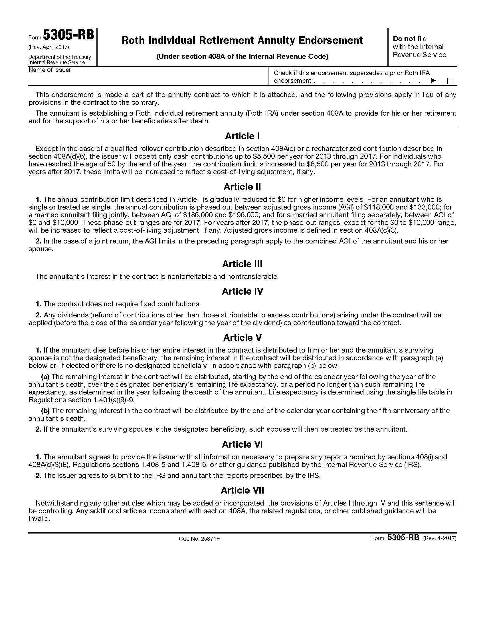 Form 5305-RB Roth Individual Retirement Annuity Endorsement {5305-RB} | Pdf Fpdf Doc Docx | Official Federal Forms