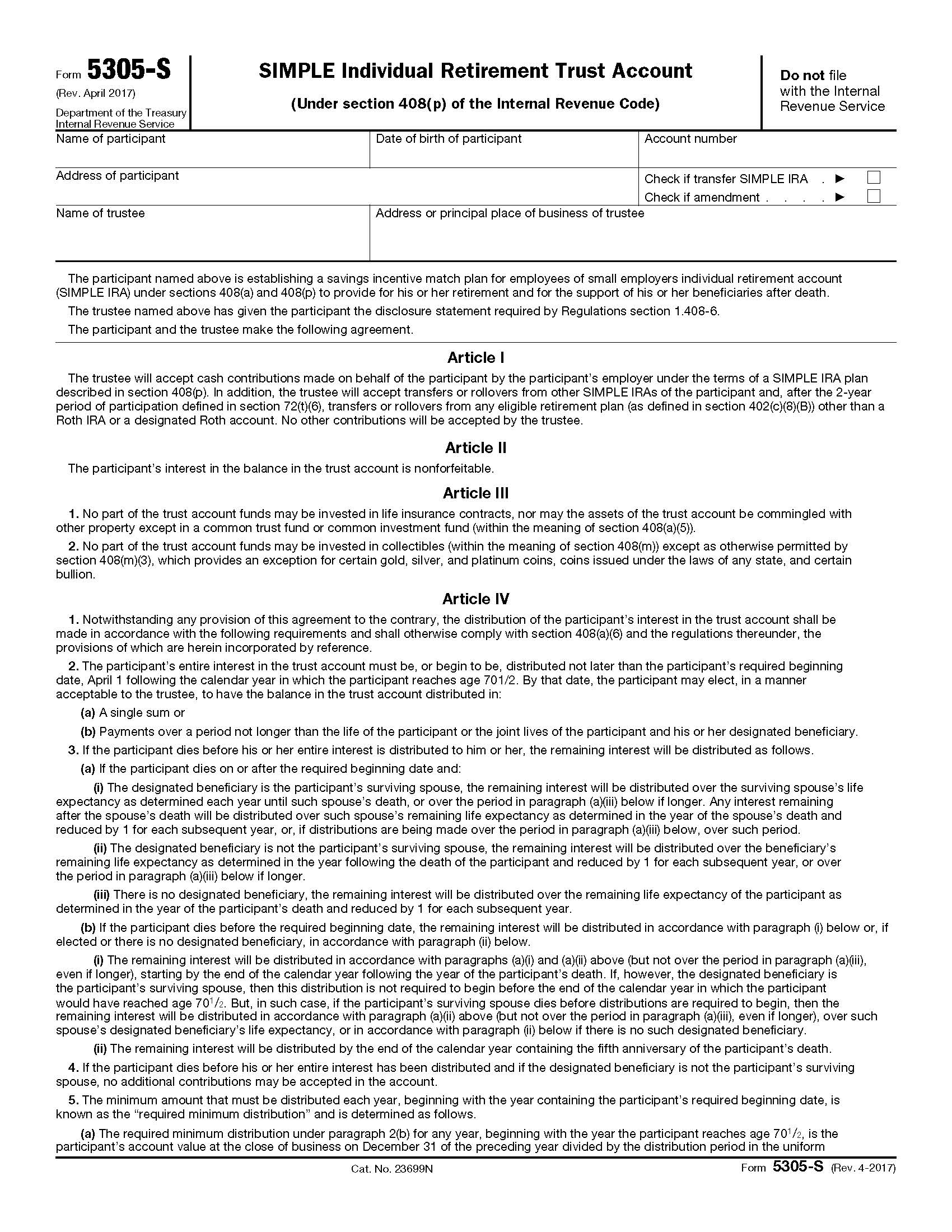 Form 5305-S Simple Individual Retirement Trust Account {5305-S} | Pdf Fpdf Doc Docx | Official Federal Forms