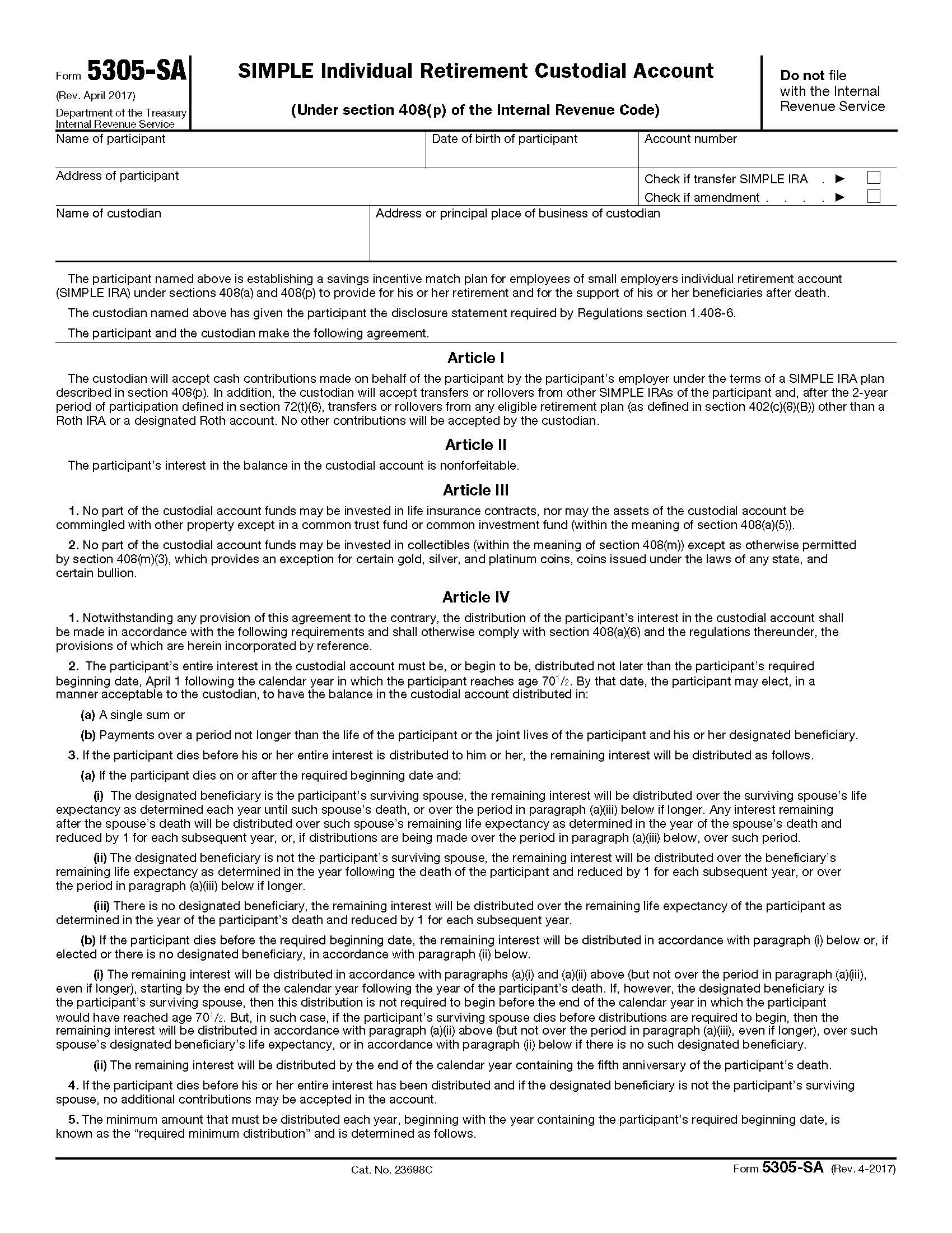 Form 5305-SA SIMPLE Individual Retirement Custodial Account {5305-SA} | Pdf Fpdf Doc Docx | Official Federal Forms