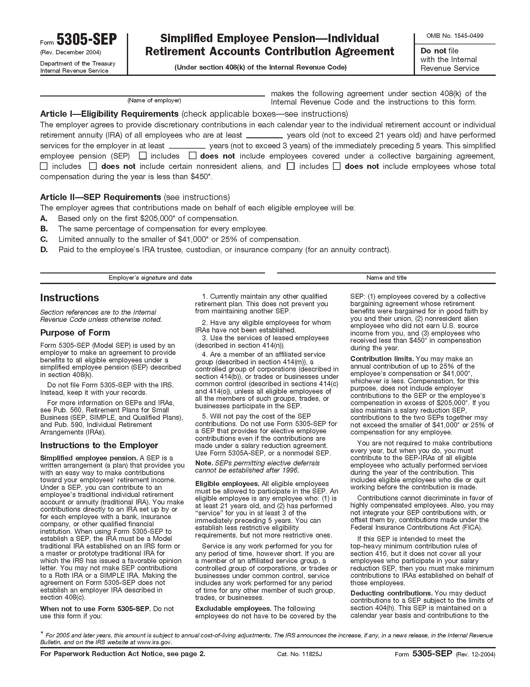 Form 5305-SEP Simplified Employee Pension-Individual Retirement Accounts Contribution Agreement {5305-SEP} | Pdf Fpdf Doc Docx | Official Federal Forms