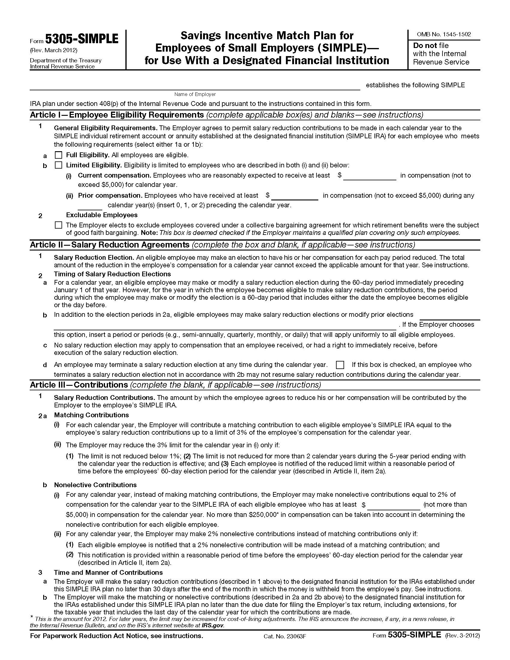 Form 5305-SIMPLE Savings Incentive Match Plan For Employees Of Small Employers (SIMPLE) {5305-SIMPLE} | Pdf Fpdf Doc Docx | Official Federal Forms