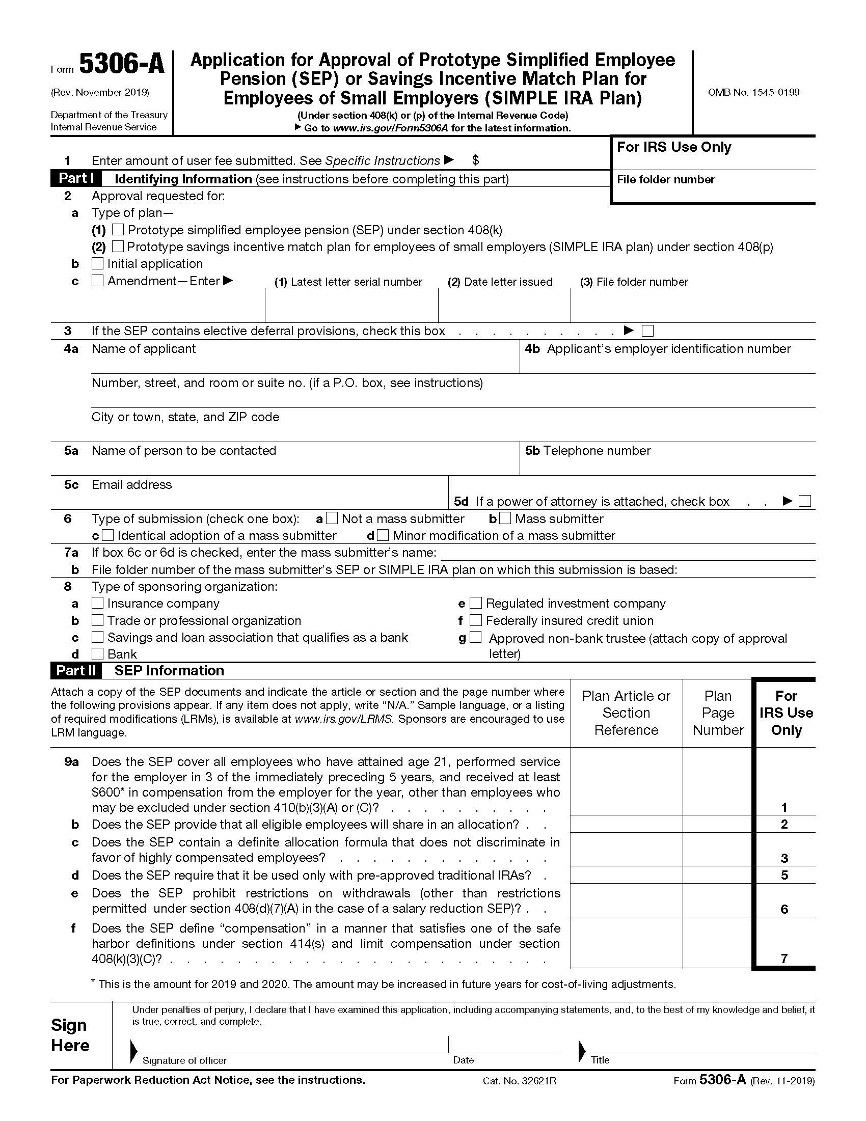 Form 5306-A Application For Approval Of Prototypes Simplified Employee Pension (SEP) {5306-A} | Pdf Fpdf Doc Docx | Official Federal Forms