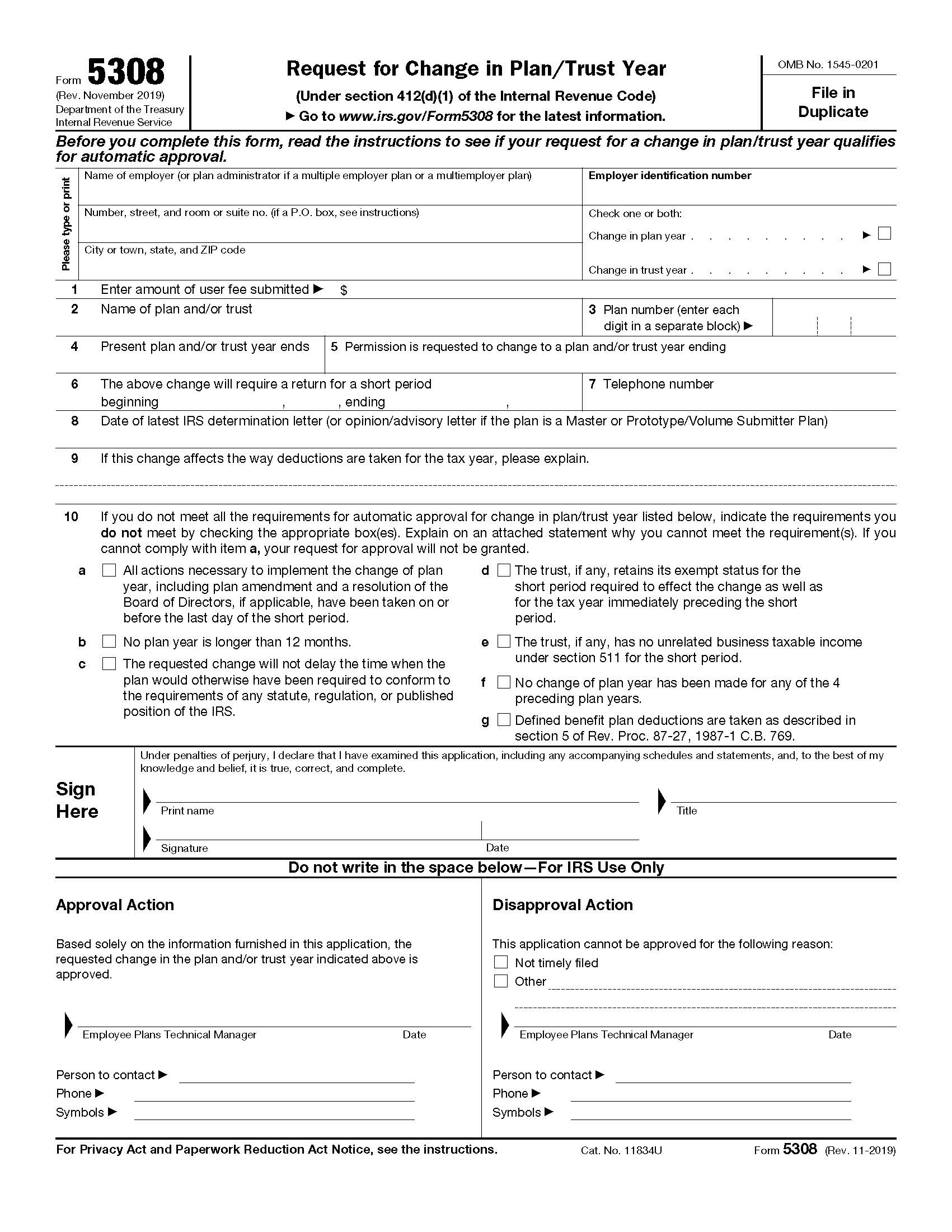 Form 5308 Request For Change In Plan-Trust Year {5308} | Pdf Fpdf Doc Docx | Official Federal Forms
