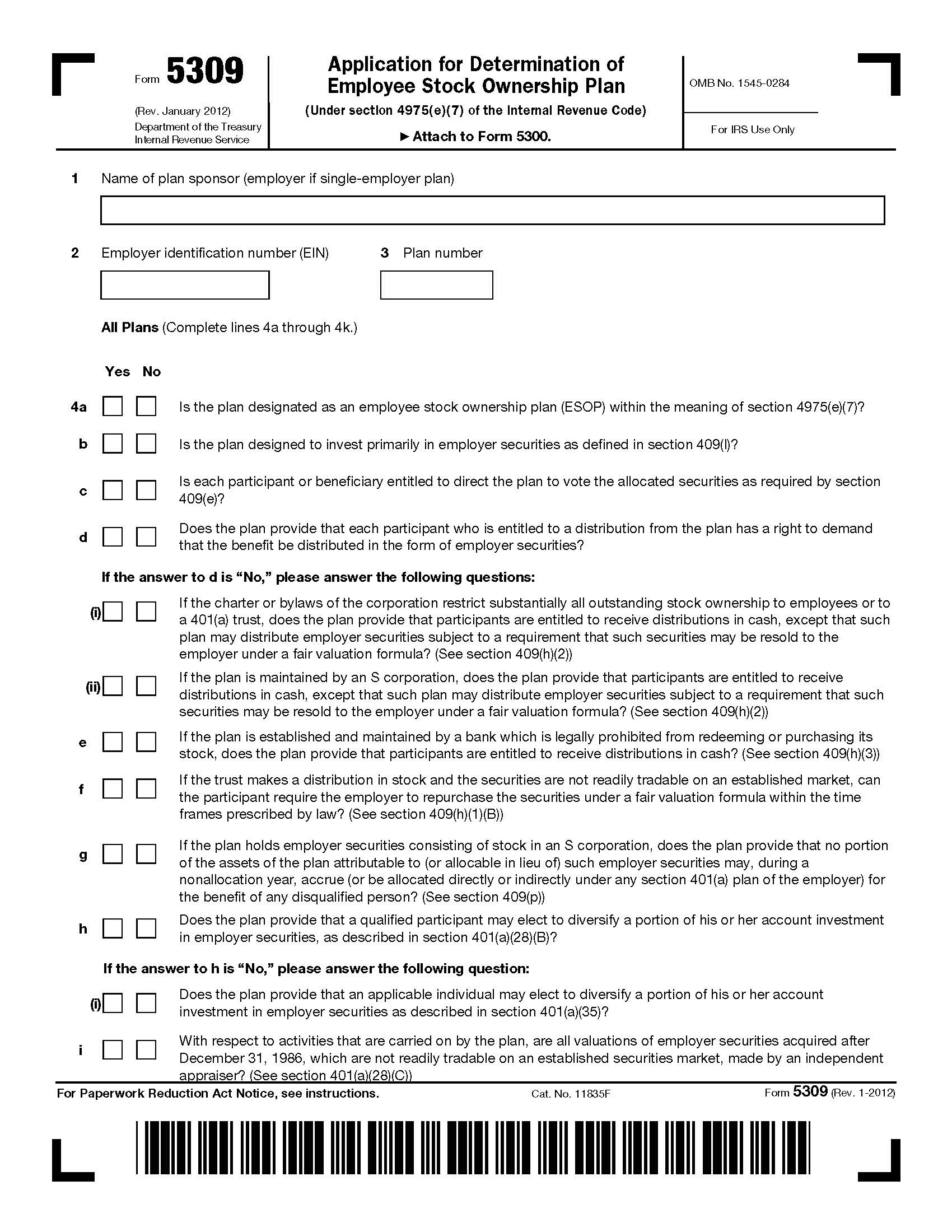 Form 5309 Application For Determination Of Employee Stock Ownership Plan {5309} | Pdf Fpdf Doc Docx | Official Federal Forms