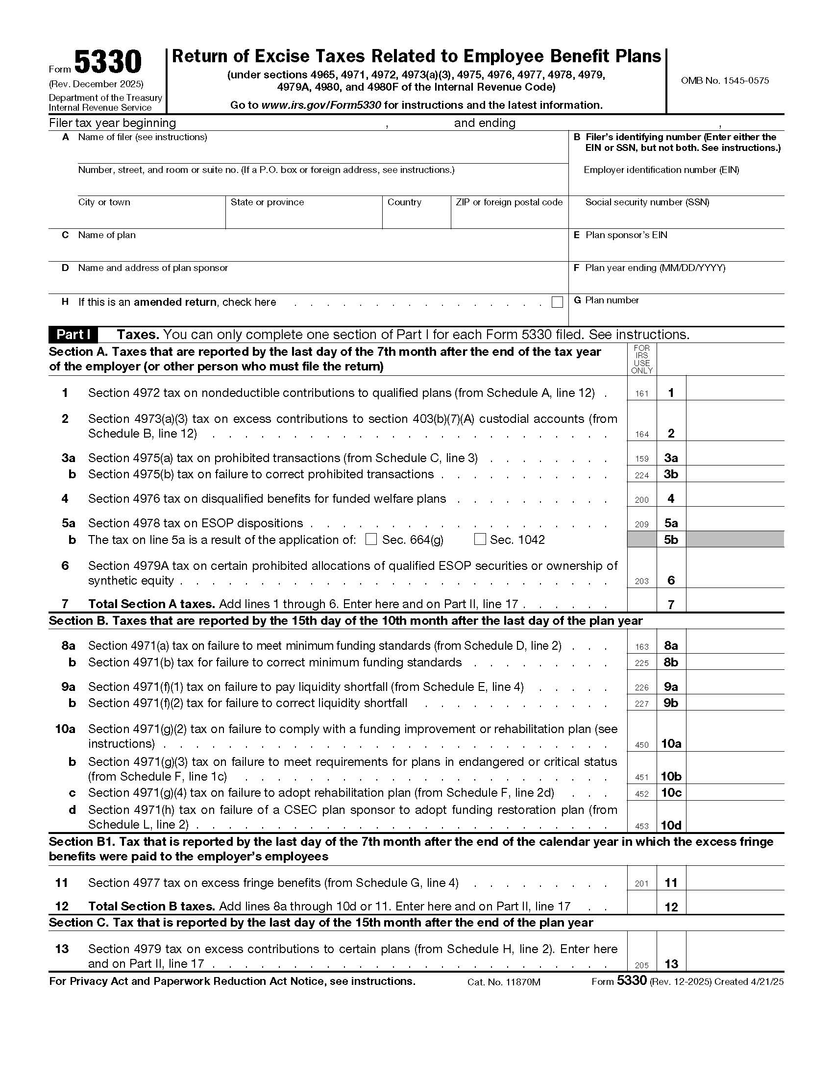 Form 5330 Return Of Excise Taxes Related To Employee Benefit Plans {5330} | Pdf Fpdf Doc Docx | Official Federal Forms