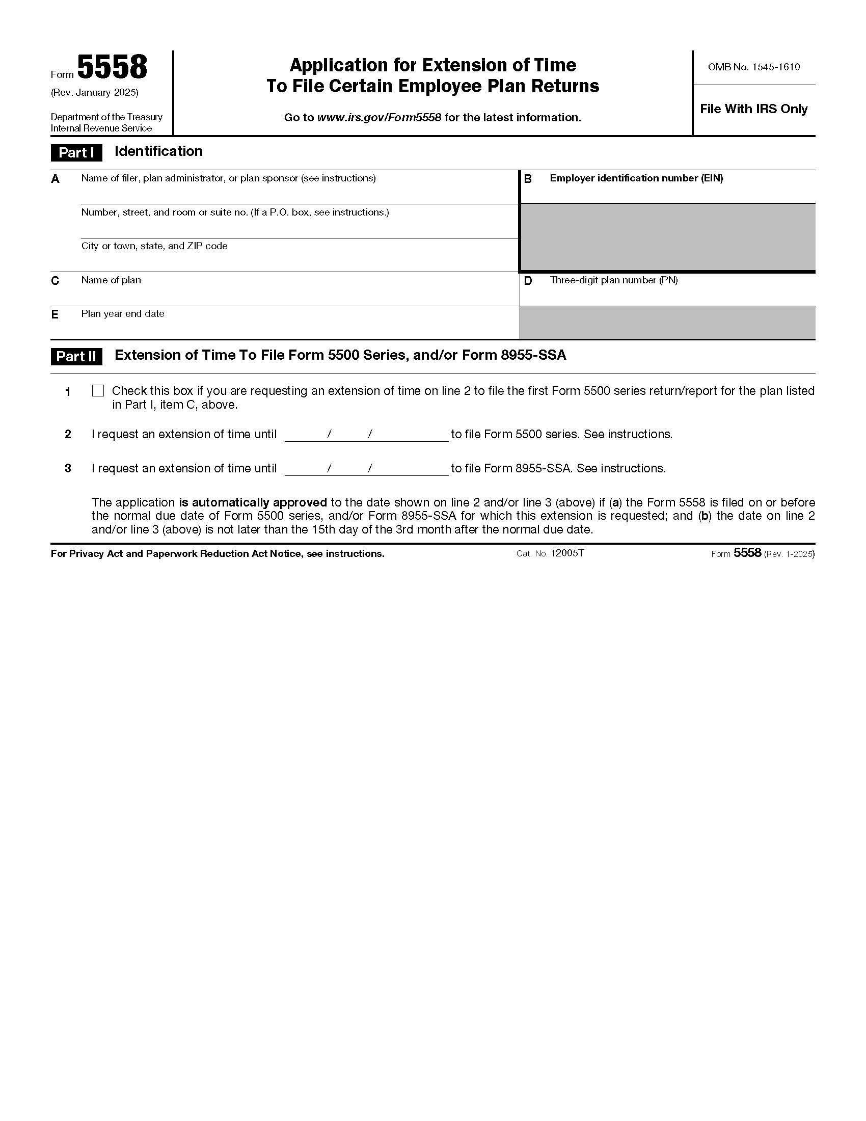 Form 5558 Application For Extension Of Time To File Certain Employee Plan Returns {5558} | Pdf Fpdf Docx | Official Federal Forms