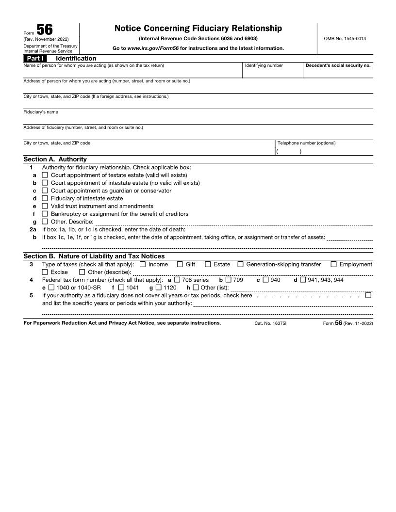 Form 56 Notice Concerning Fiduciary Relationship {56} | Pdf Fpdf Docx | Official Federal Forms