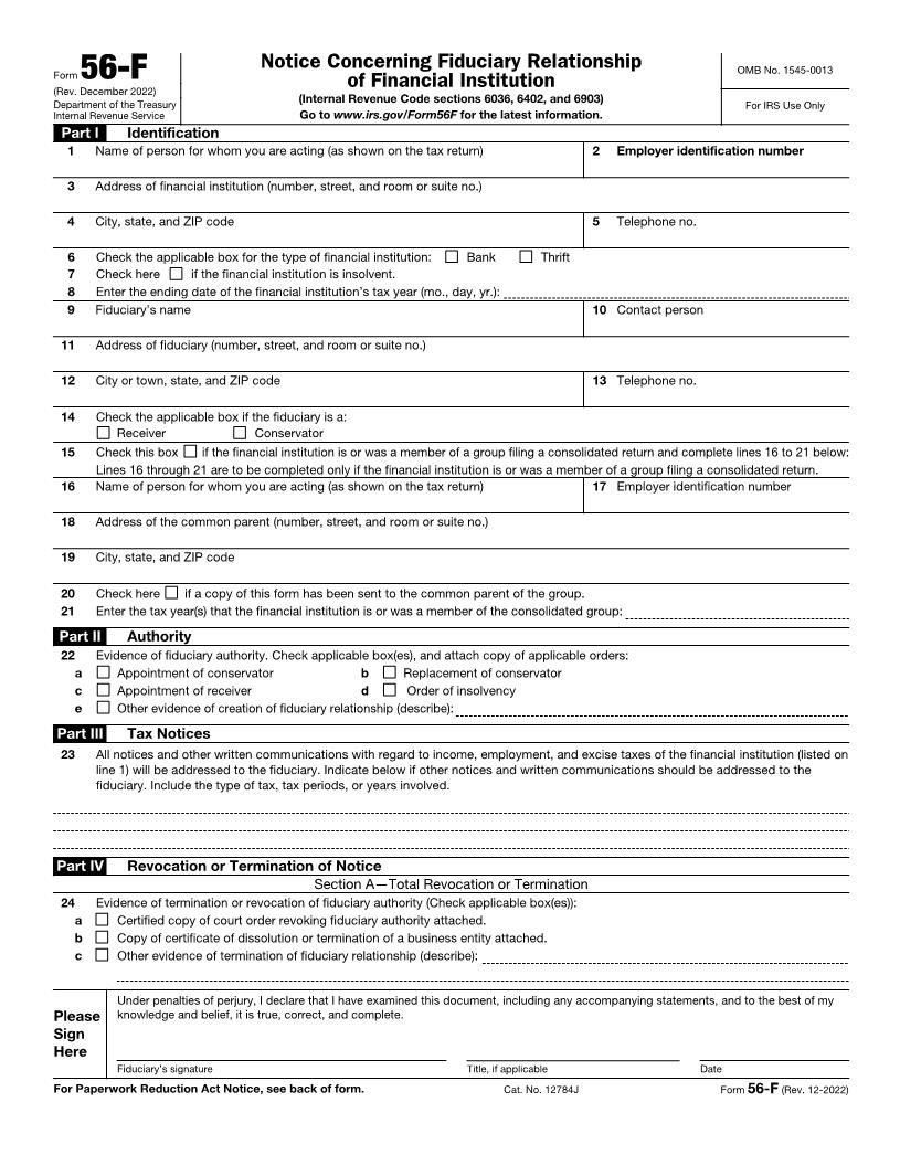 Form 56-F Notice Concerning Fiduciary Relationship Of Financial Institution {56-F} | Pdf Fpdf Doc Docx | Official Federal Forms