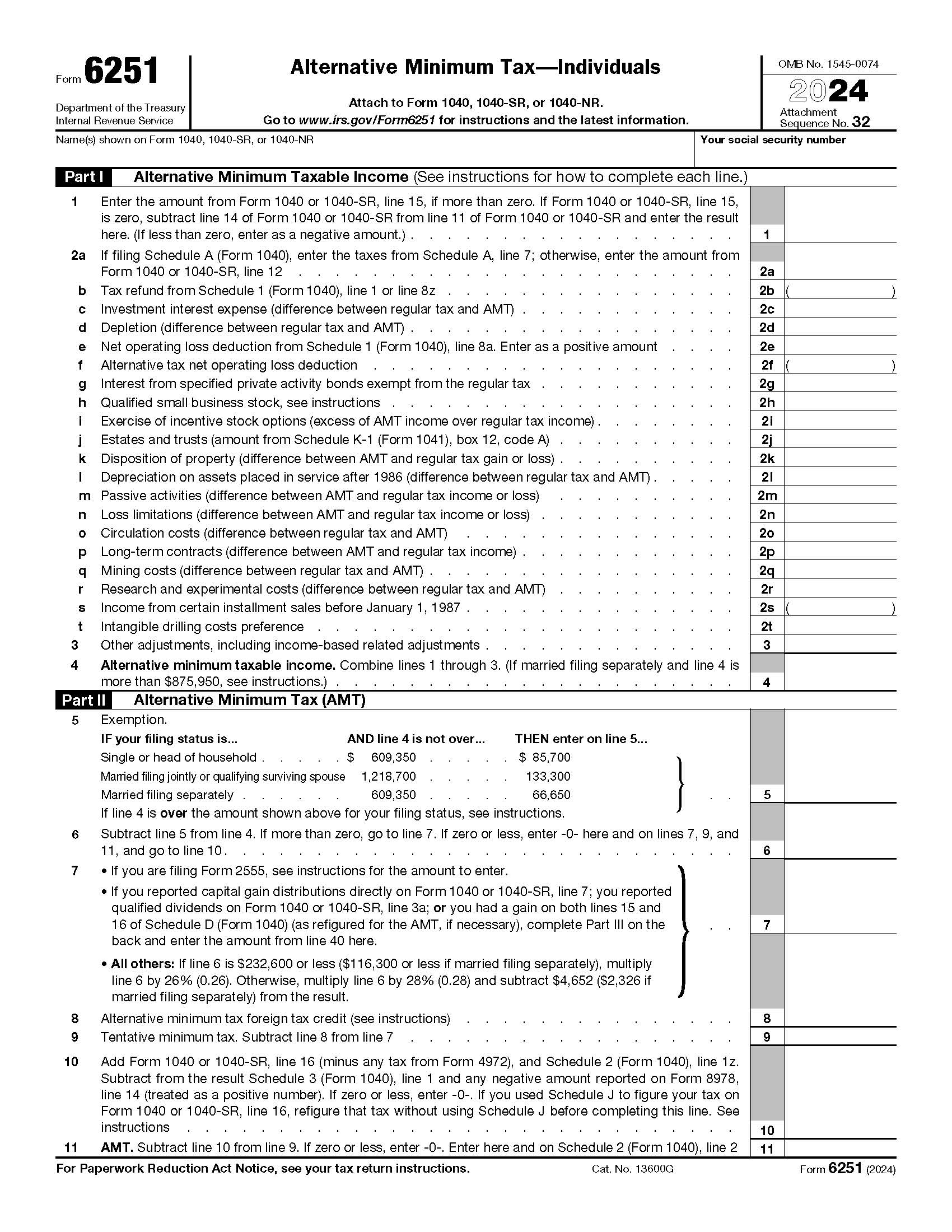 Form 6251 Alternative Minimum Tax-Individuals {6251} | Pdf Fpdf Docx | Official Federal Forms