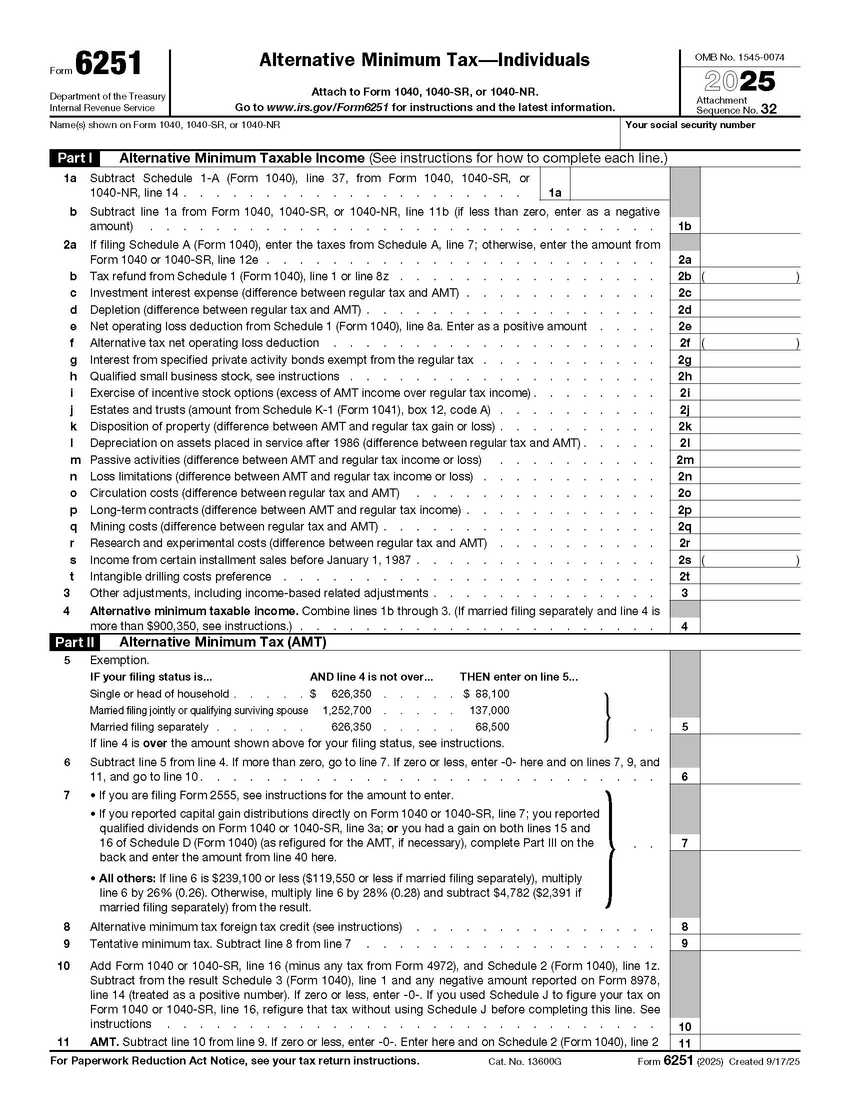 Form 6251 Alternative Minimum Tax-Individuals {6251} | Pdf Fpdf Docx | Official Federal Forms