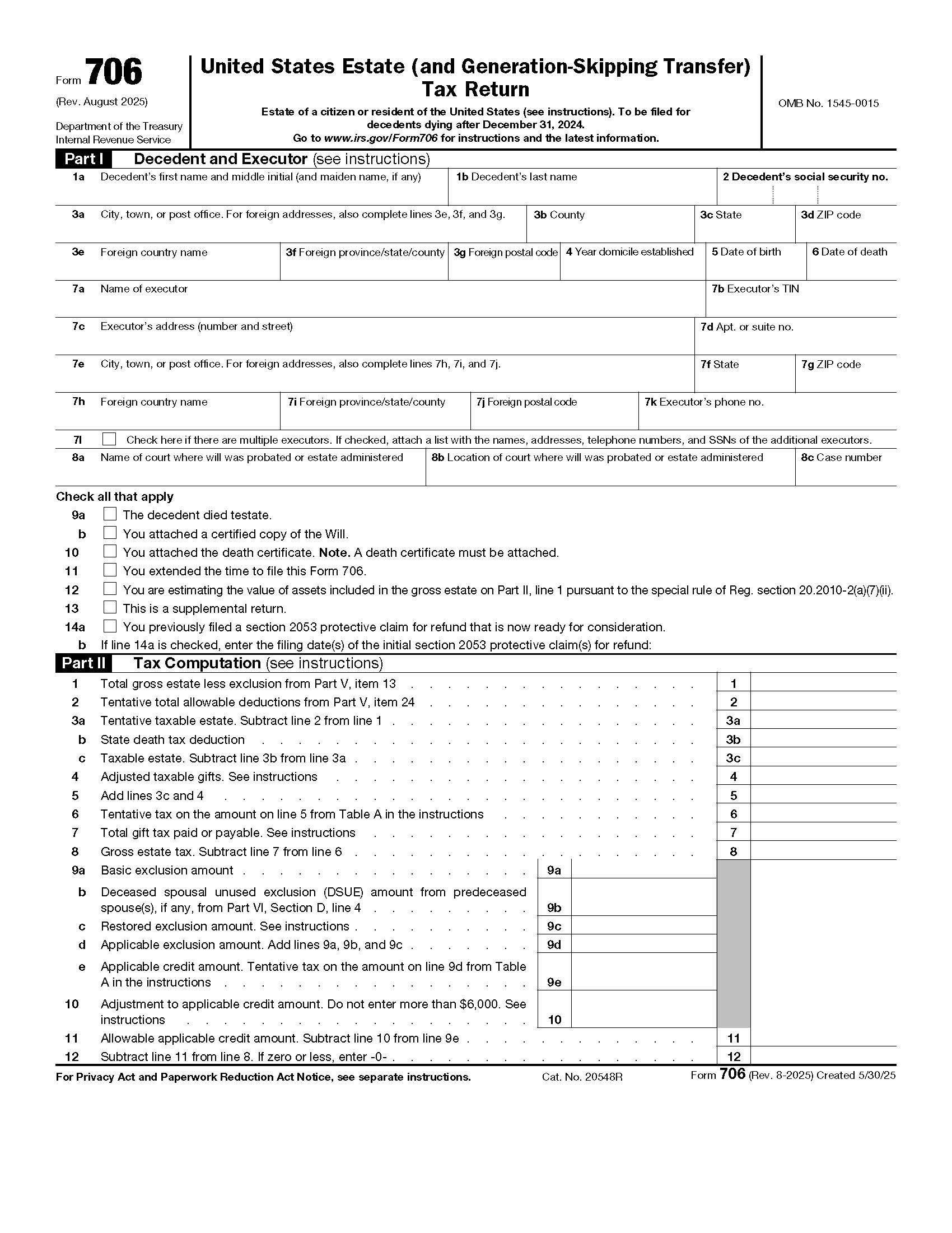 Form 706 United States Estate (And Generation-Skipping Transfer) Tax Return {706} | Pdf Fpdf Doc Docx | Official Federal Forms