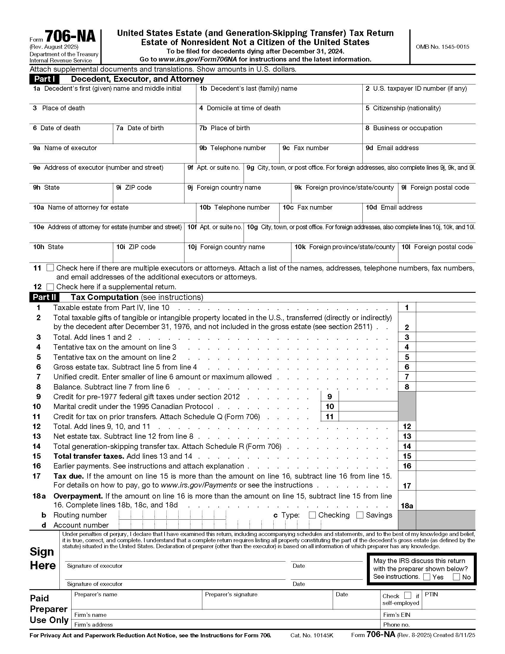 Form 706-NA United States Estate (And Generation-Skipping Transfer) Tax Return {706-NA} | Pdf Fpdf Doc Docx | Official Federal Forms