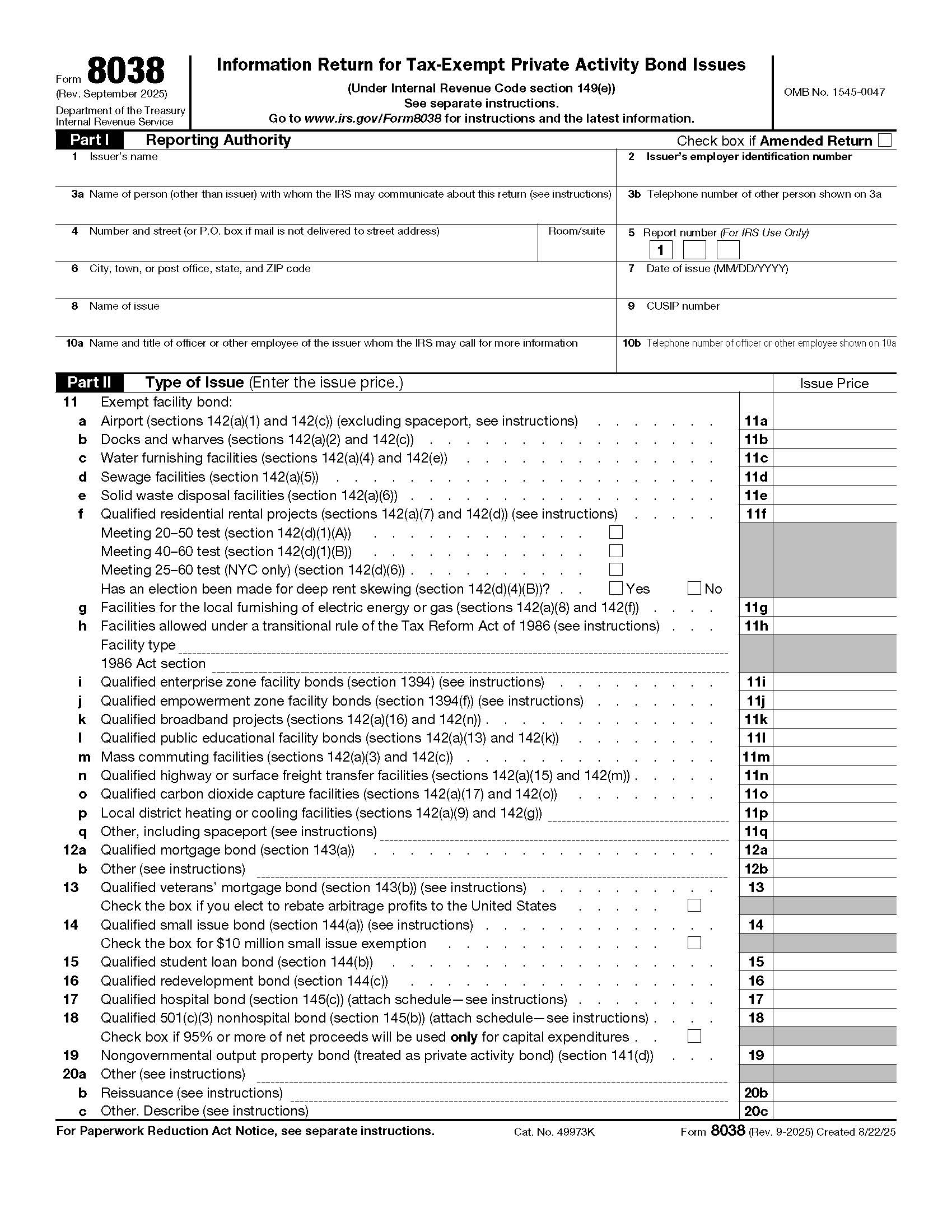 Form 8038 Information Return For Tax-Exempt Private Activity Bond Issues {8038} | Pdf Fpdf Docx | Official Federal Forms