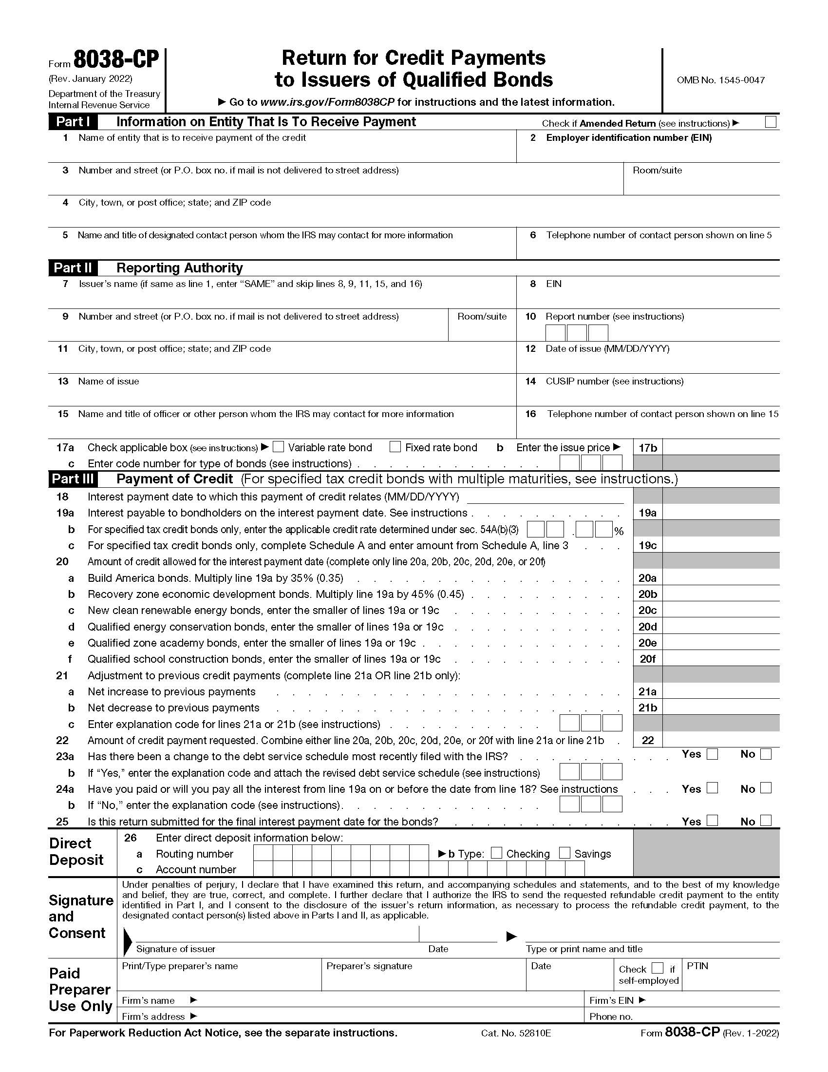 Form 8038-CP Return For Credit Payments To Issuers Of Qualified Bonds {8038-CP} | Pdf Fpdf Doc Docx | Official Federal Forms