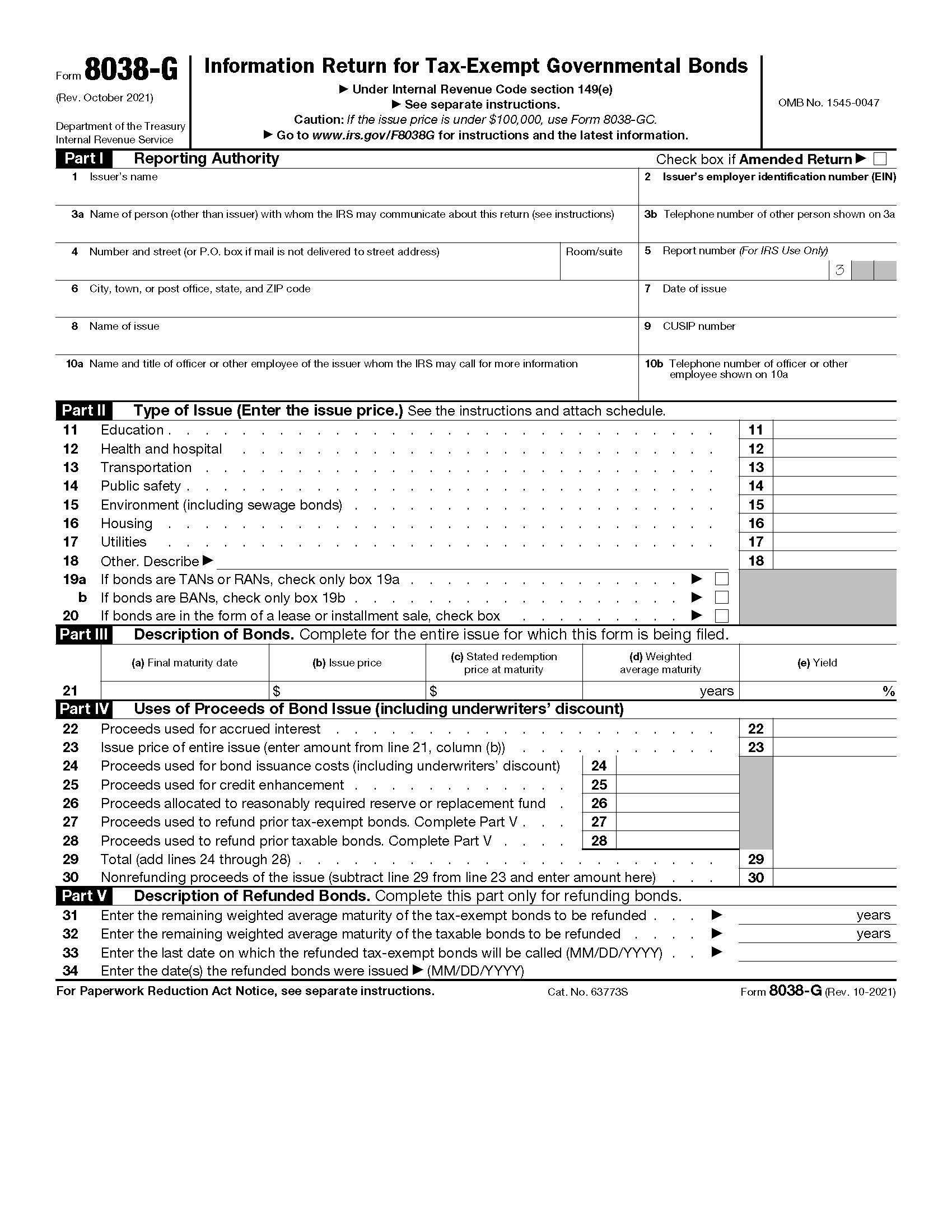 Form 8038-G Information Return For Tax-Exempt Governmental Obligations {8038-G} | Pdf Fpdf Docx | Official Federal Forms