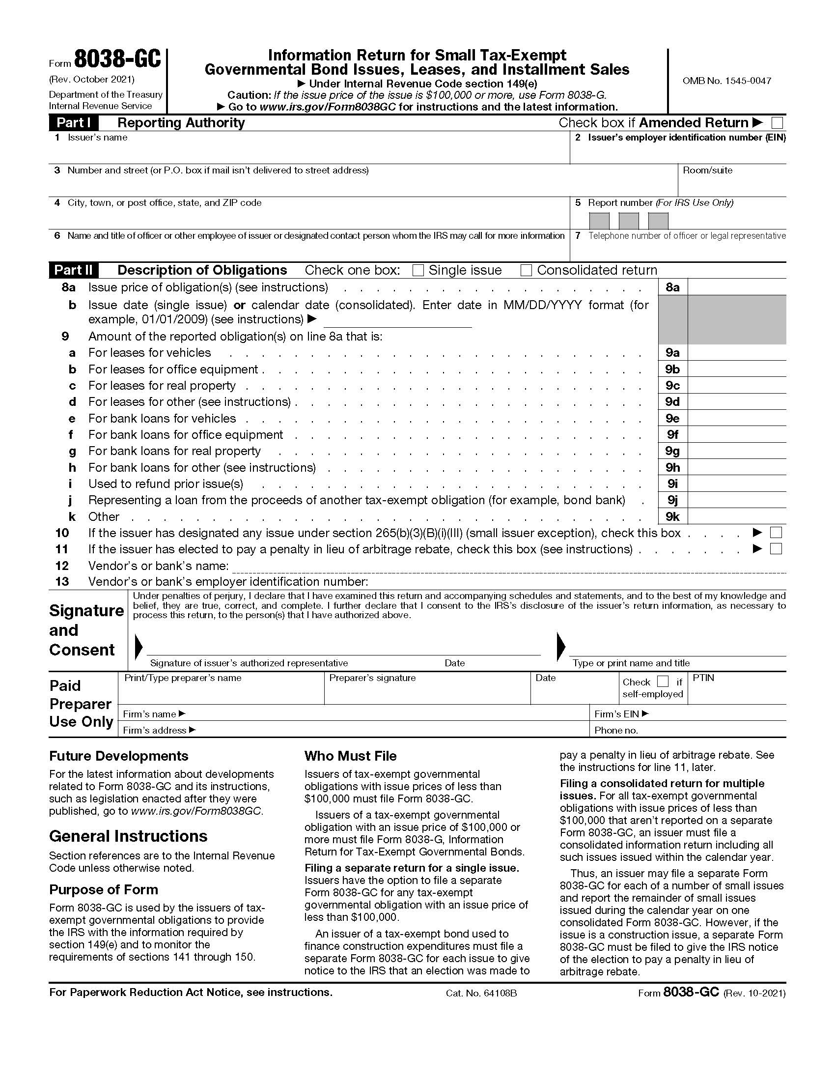 Form 8038-GC Information Return For Small Tax-Exempt Governmental Bond Issues {8038-GC} | Pdf Fpdf Doc Docx | Official Federal Forms