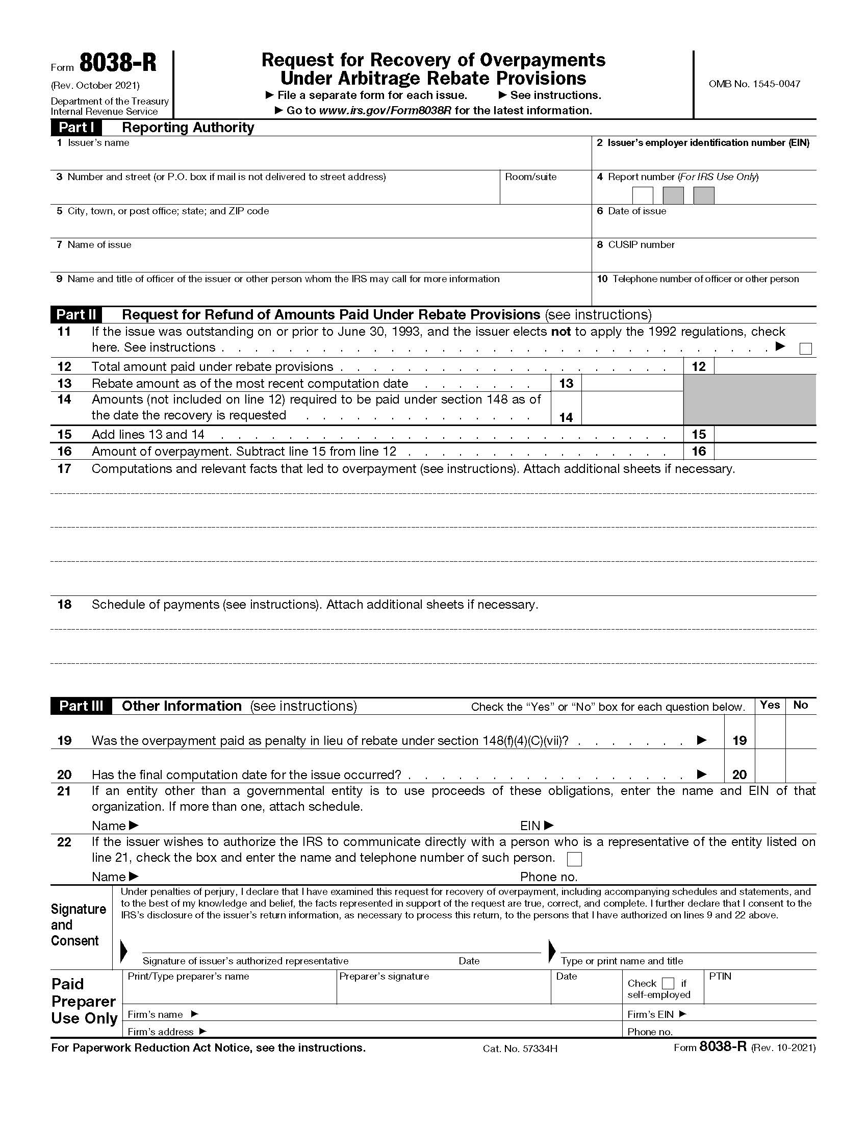 Form 8038-R Request For Recovery Of Overpayments Under Arbitrage Rebate Provisions {8038-R} | Pdf Fpdf Doc Docx | Official Federal Forms