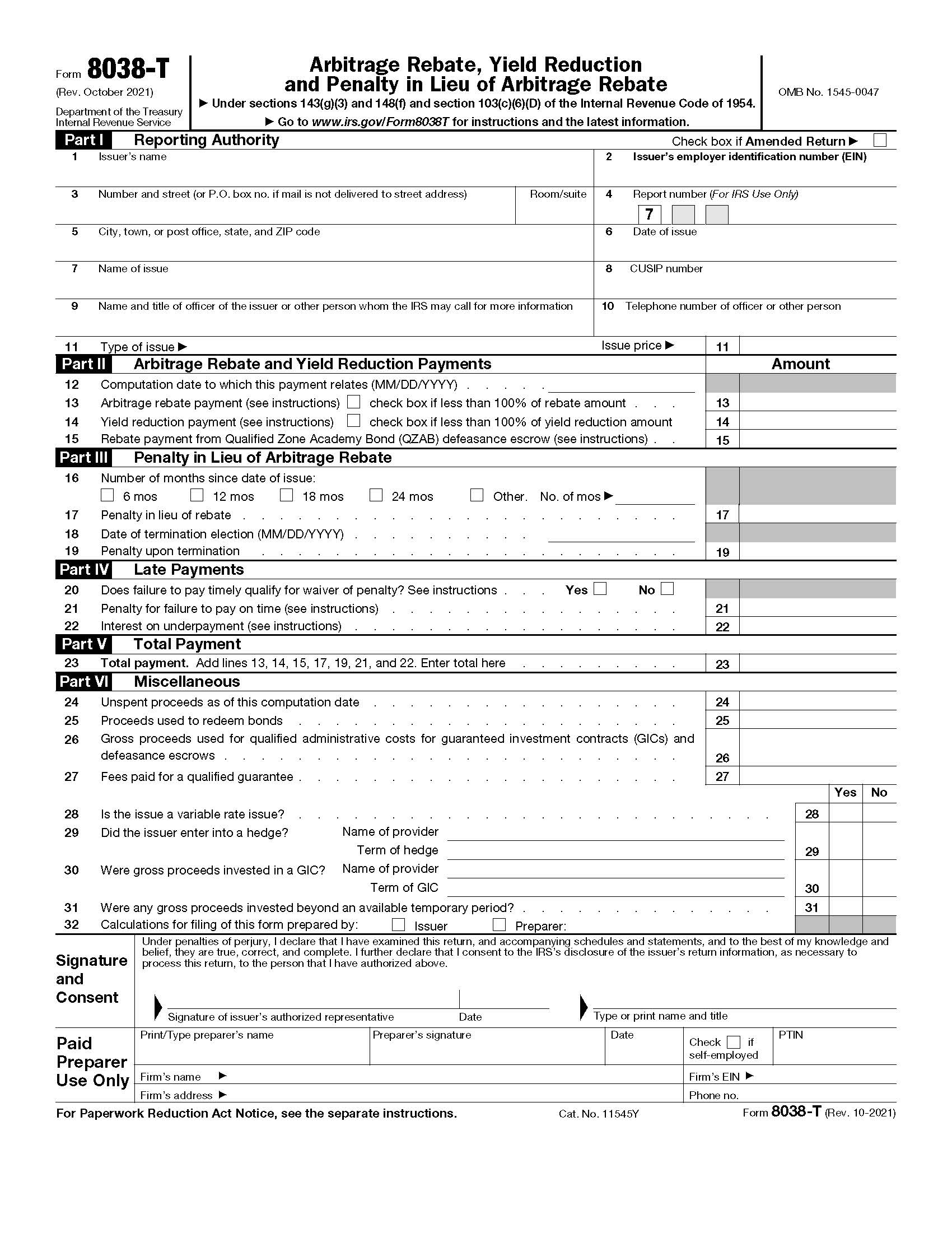 Form 8038-T Arbitrage Rebate Yield Reduction And Penalty In Lieu Of Arbitrage Rebate {8038-T} | Pdf Fpdf Doc Docx | Official Federal Forms