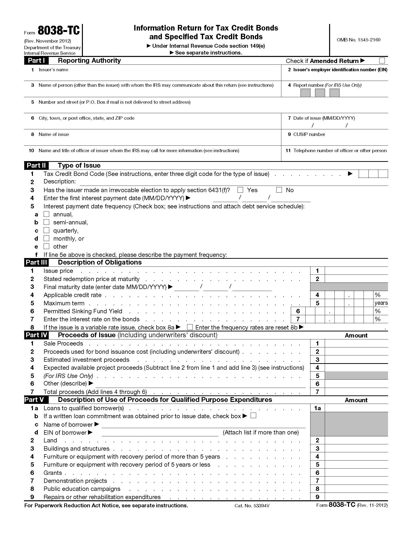 Form 8038-TC Information Return For Tax Credit Bonds And Specified Tax Credit Bonds {8038-TC} | Pdf Fpdf Doc Docx | Official Federal Forms