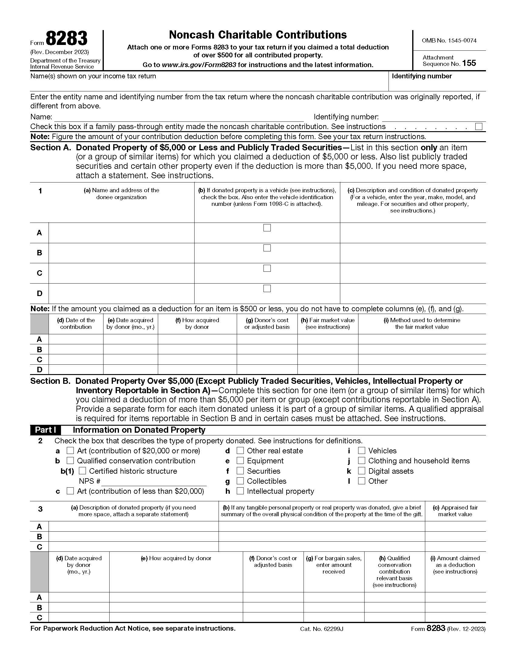Form 8283 Noncash Charitable Contributions {8283} | Pdf Fpdf Doc Docx | Official Federal Forms
