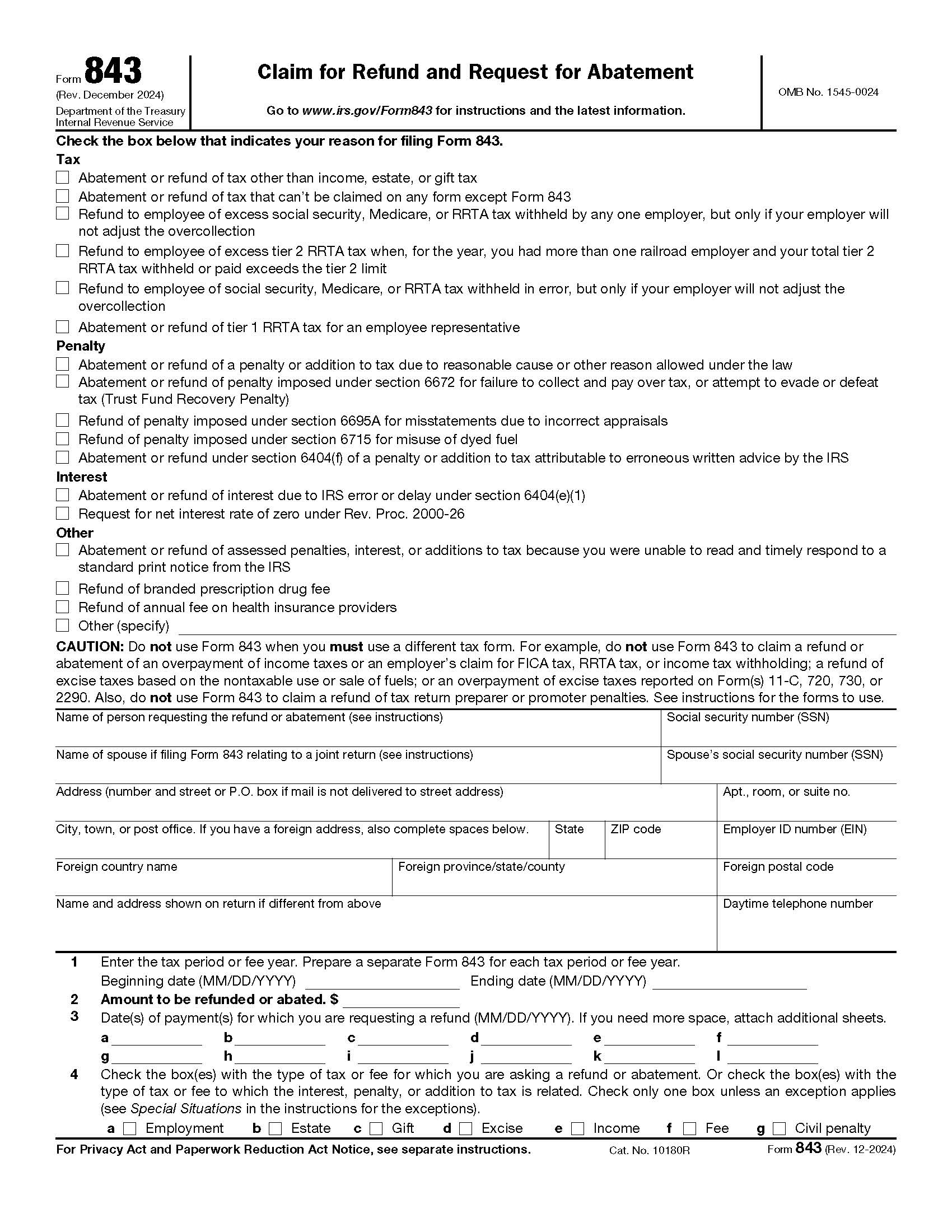 Form 843 Claim For Refund And Request For Abatement {843} | Pdf Fpdf Docx | Official Federal Forms