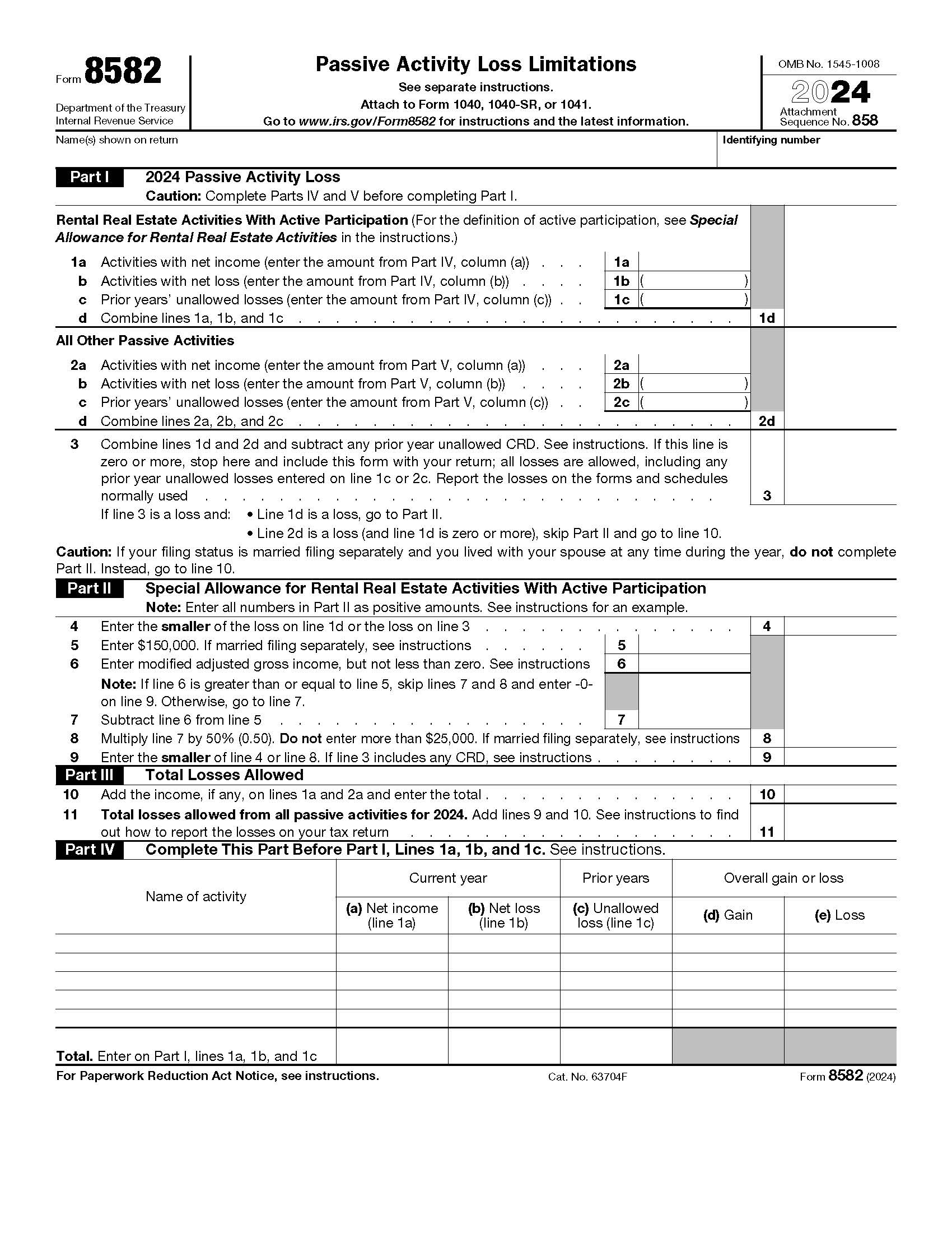 Form 8582 Passive Activity Loss Limitations {8582} | Pdf Fpdf Docx | Official Federal Forms