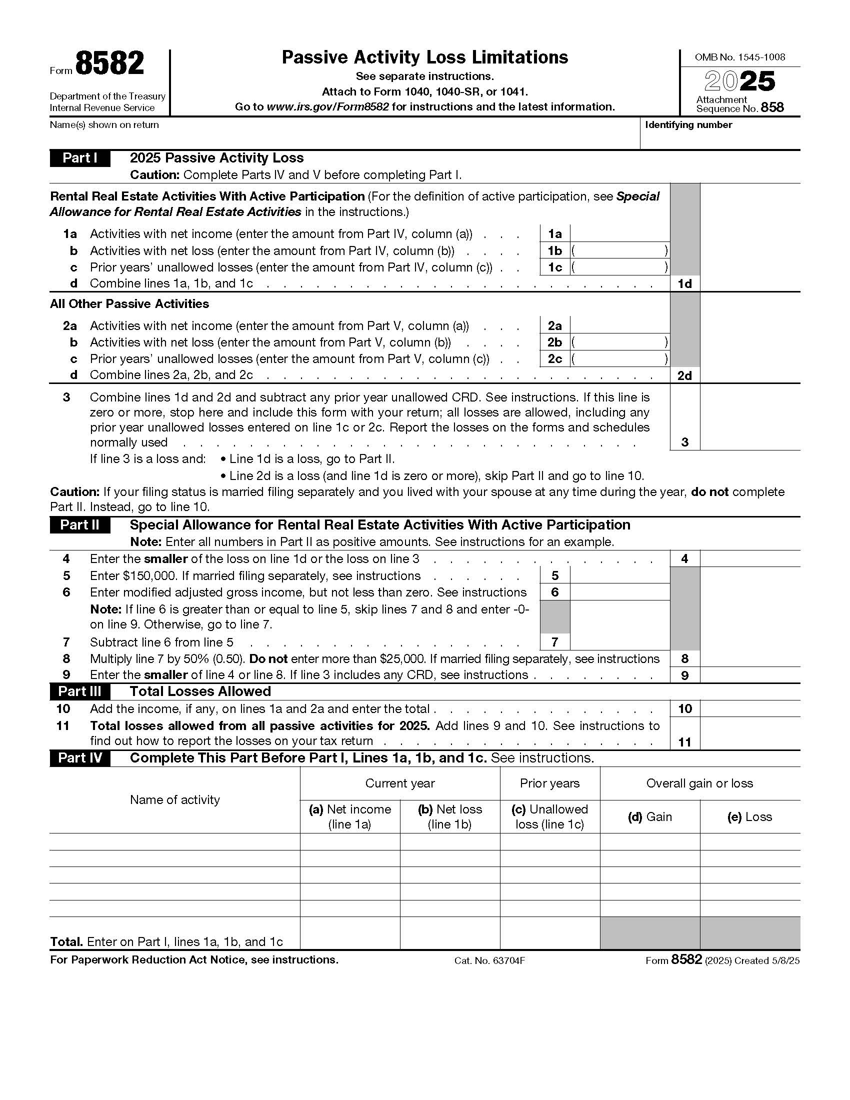 Form 8582 Passive Activity Loss Limitations {8582} | Pdf Fpdf Docx | Official Federal Forms