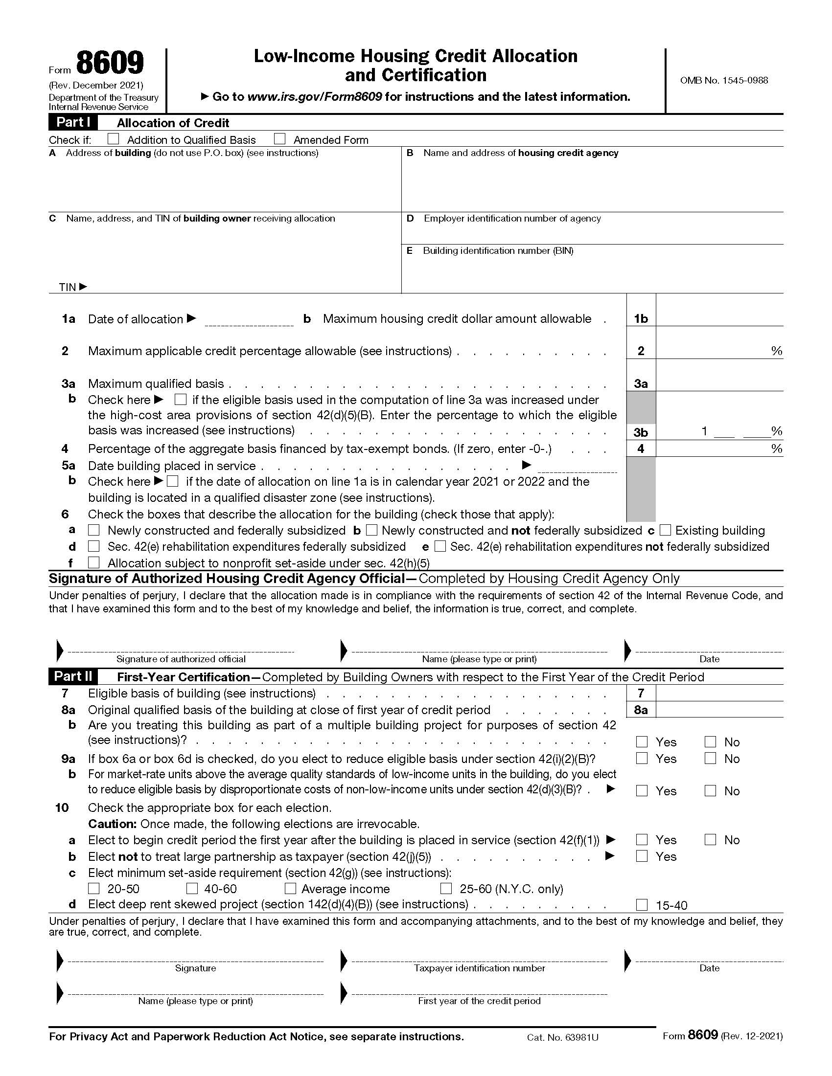 Form 8609 Low Income Housing Credit Allocation And Certification {8609} | Pdf Fpdf Docx | Official Federal Forms