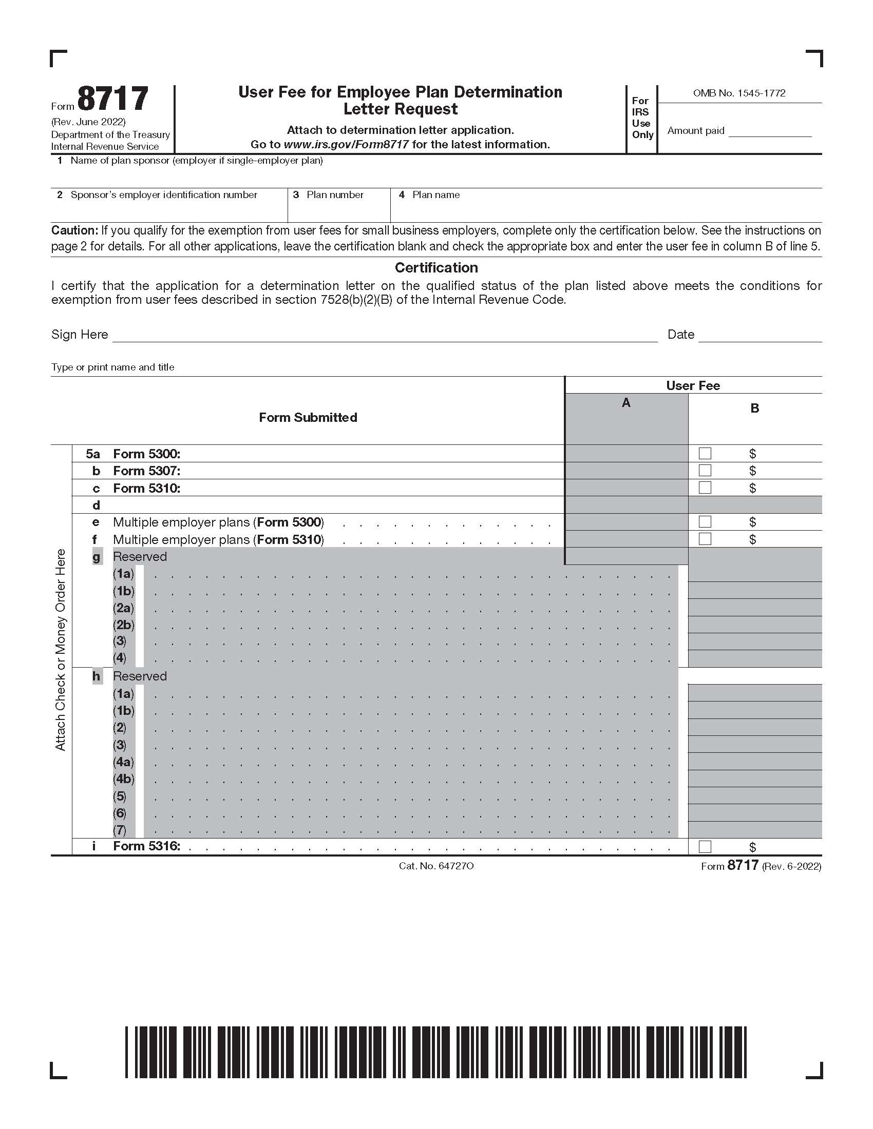 Form 8717 User Fee For Employee Plan Determination {8717} | Pdf Fpdf Doc Docx | Official Federal Forms