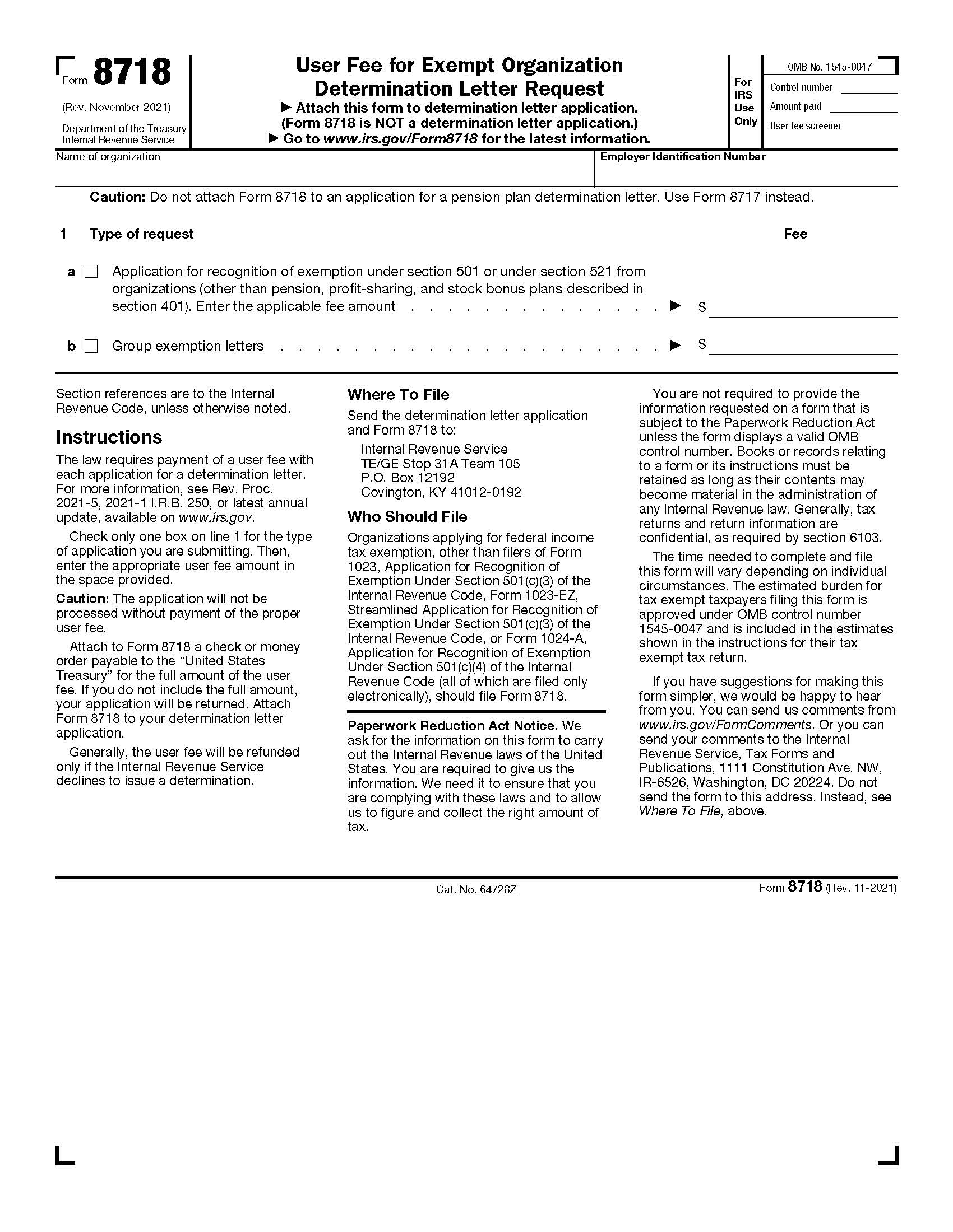 Form 8718 User Fee For Exempt Organization Determination Letter Request {8718} | Pdf Fpdf Doc Docx | Official Federal Forms
