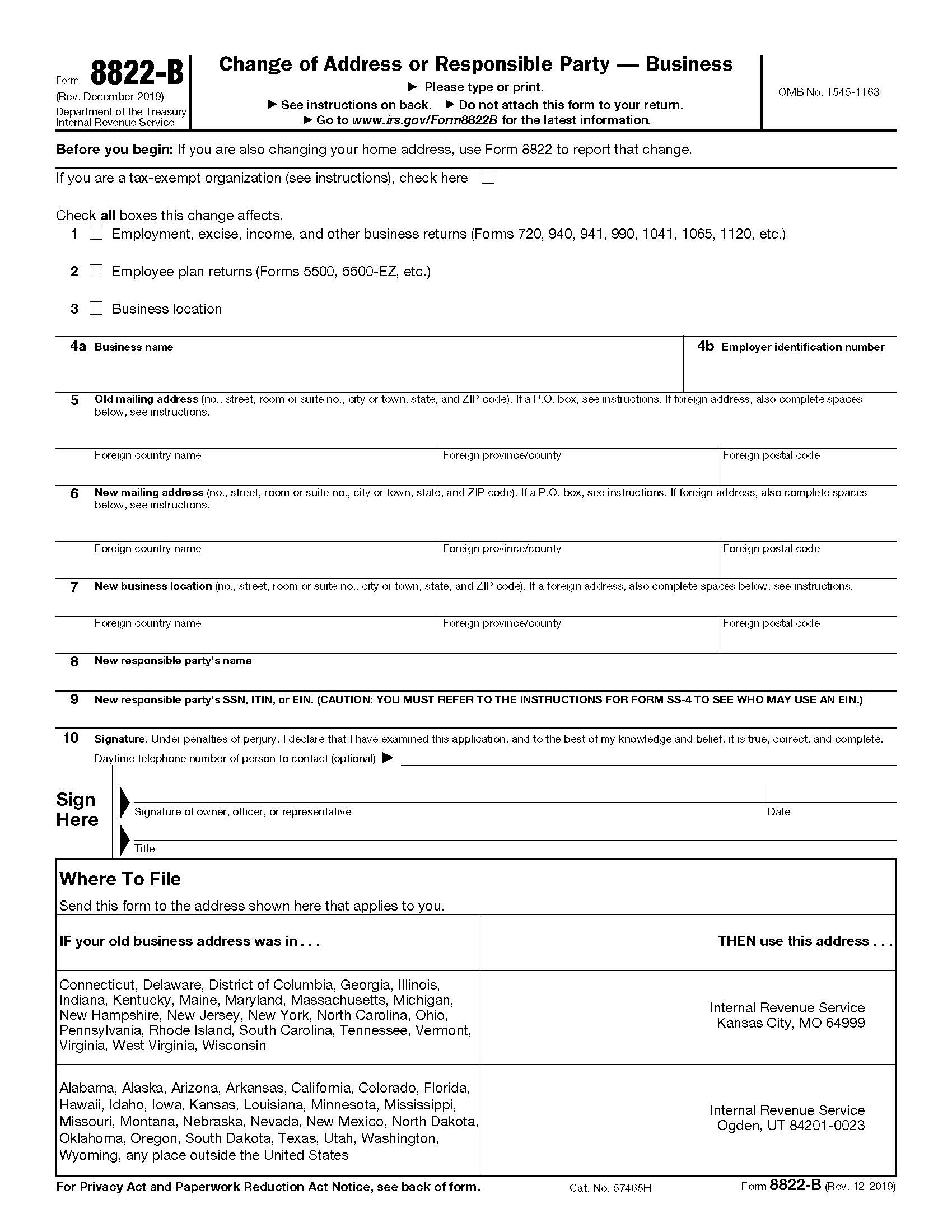Form 8822-B Change Of Address Or Responsible Party-Business {8822-B} | Pdf Fpdf Docx | Official Federal Forms