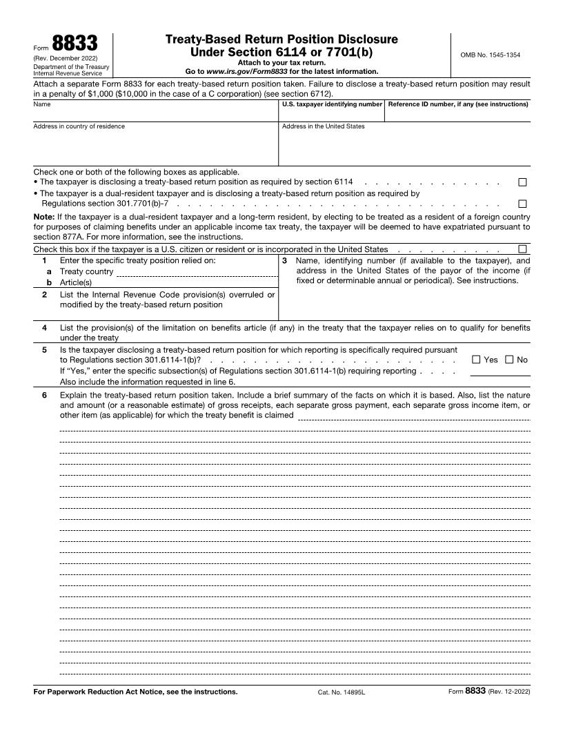 Form 8833 Treaty-Based Return Position Disclosure Under Section 6114 or 7701(b) {8833} | Pdf Fpdf Docx | Official Federal Forms