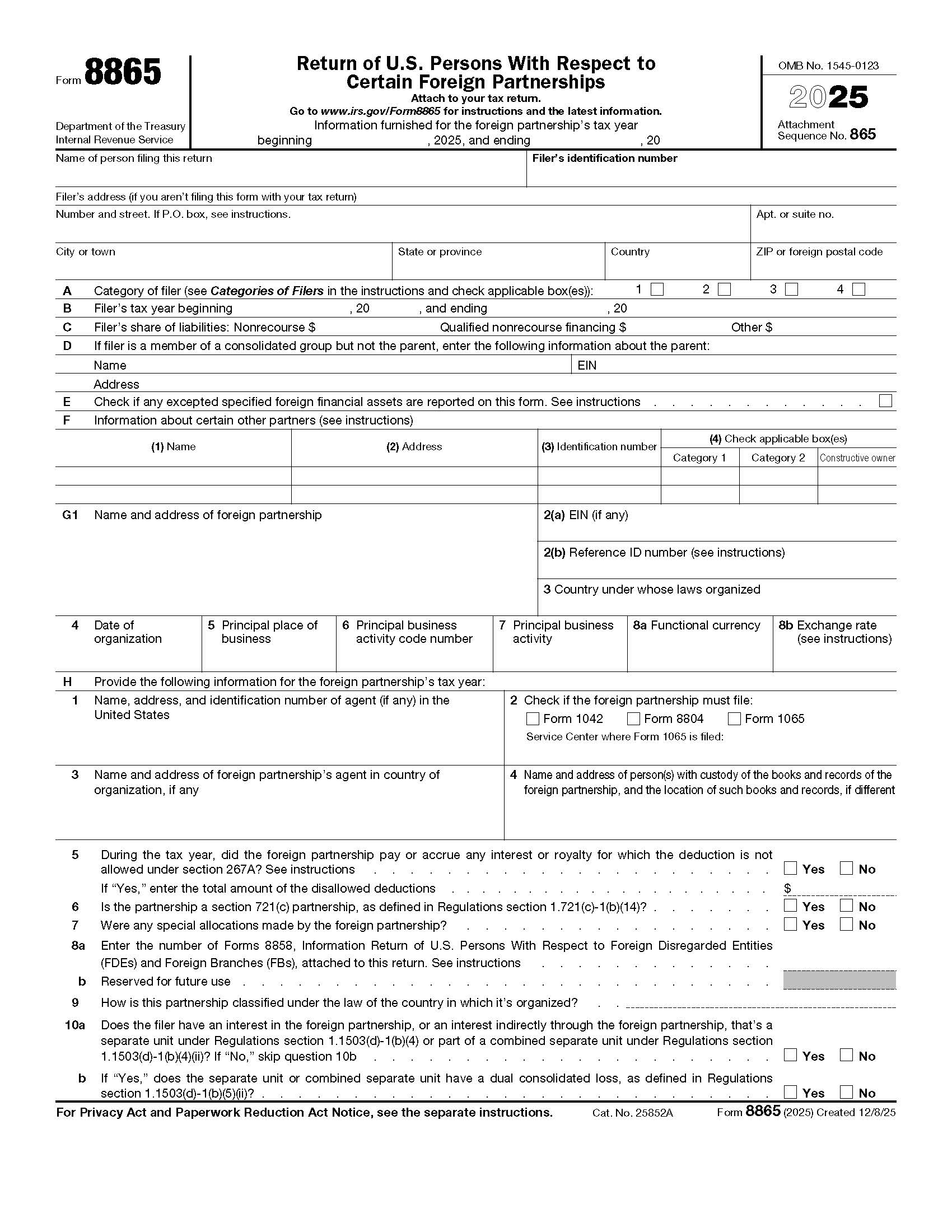 Form 8865 Return Of US Persons With Respect To Certain Foreign Partnerships {8865} | Pdf Fpdf Docx | Official Federal Forms