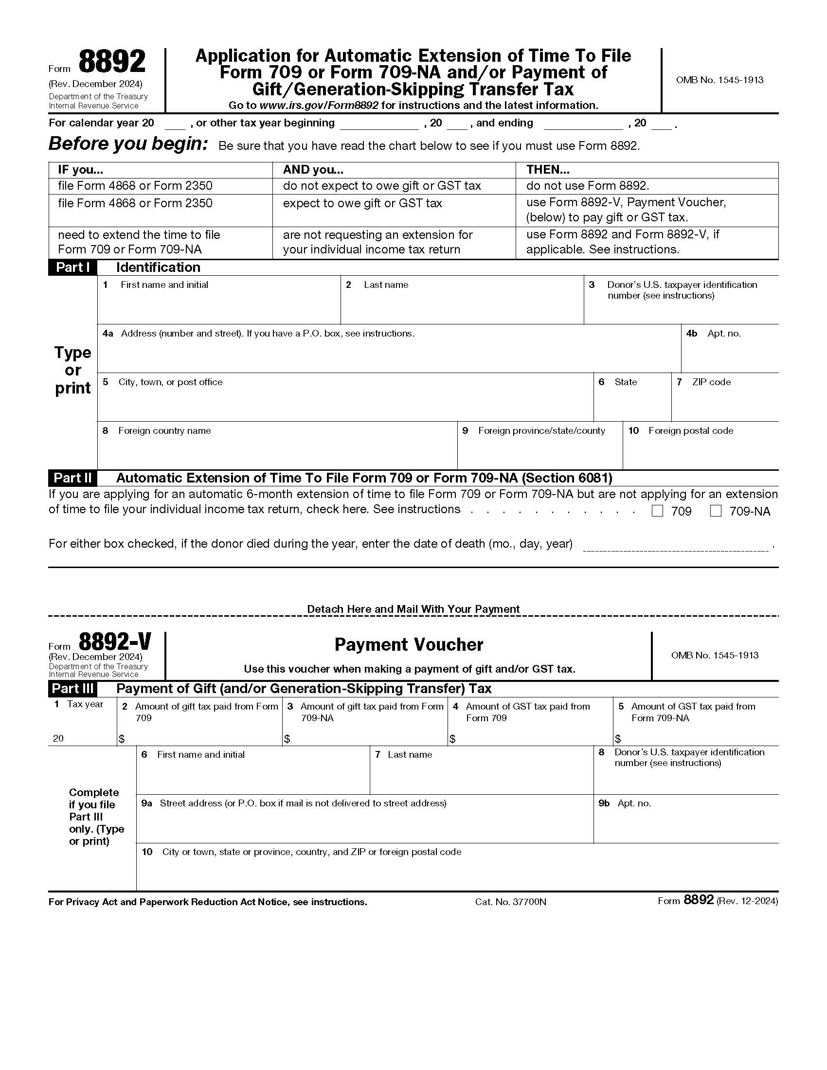 Form 8892 Application For Automatic Extension Of Time To File Form 709 {8892} | Pdf Fpdf Docx | Official Federal Forms