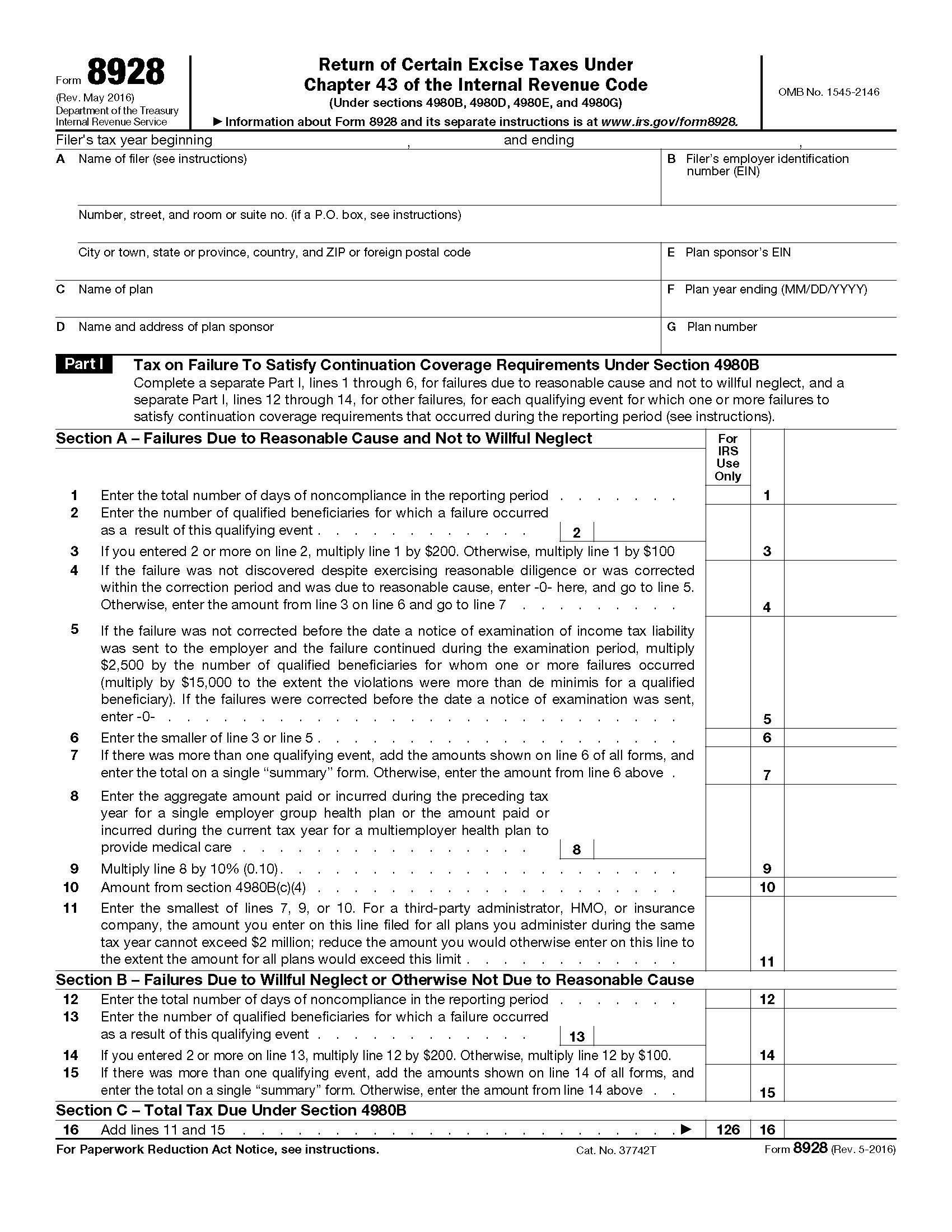 Form 8928 Return Of Certain Excise Taxes Under Chapter 43 {8928} | Pdf Fpdf Doc Docx | Official Federal Forms